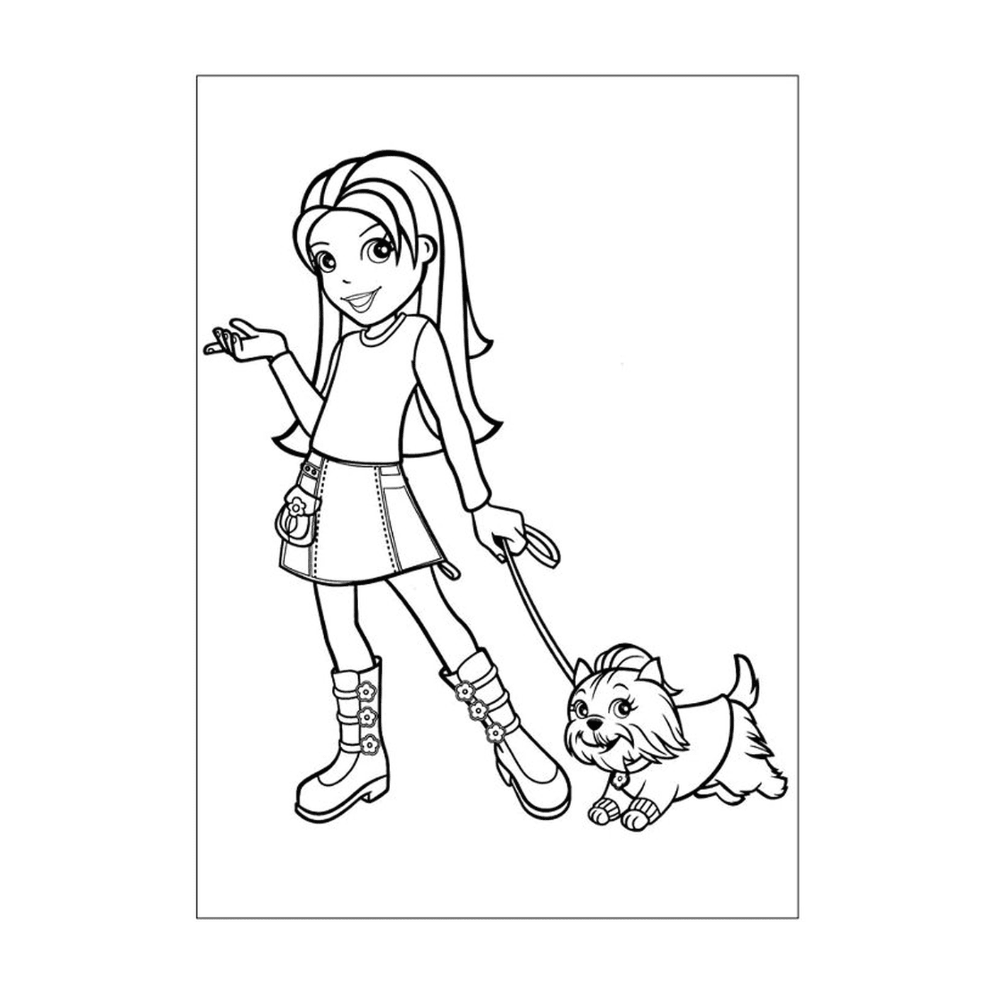  Девушка гуляет с собакой на поводке 