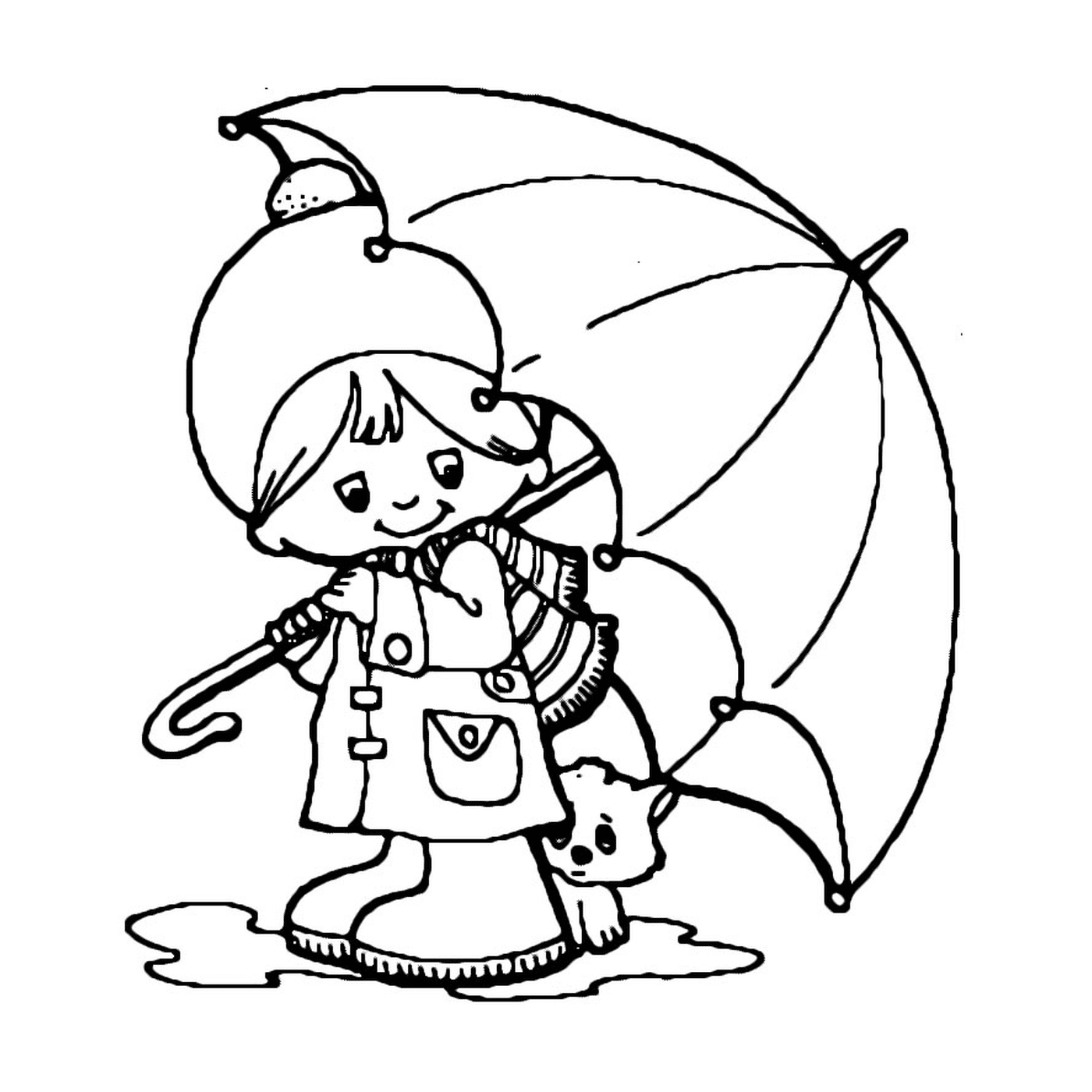  Ein kleiner Junge und sein Hund unter einem Regenschirm 