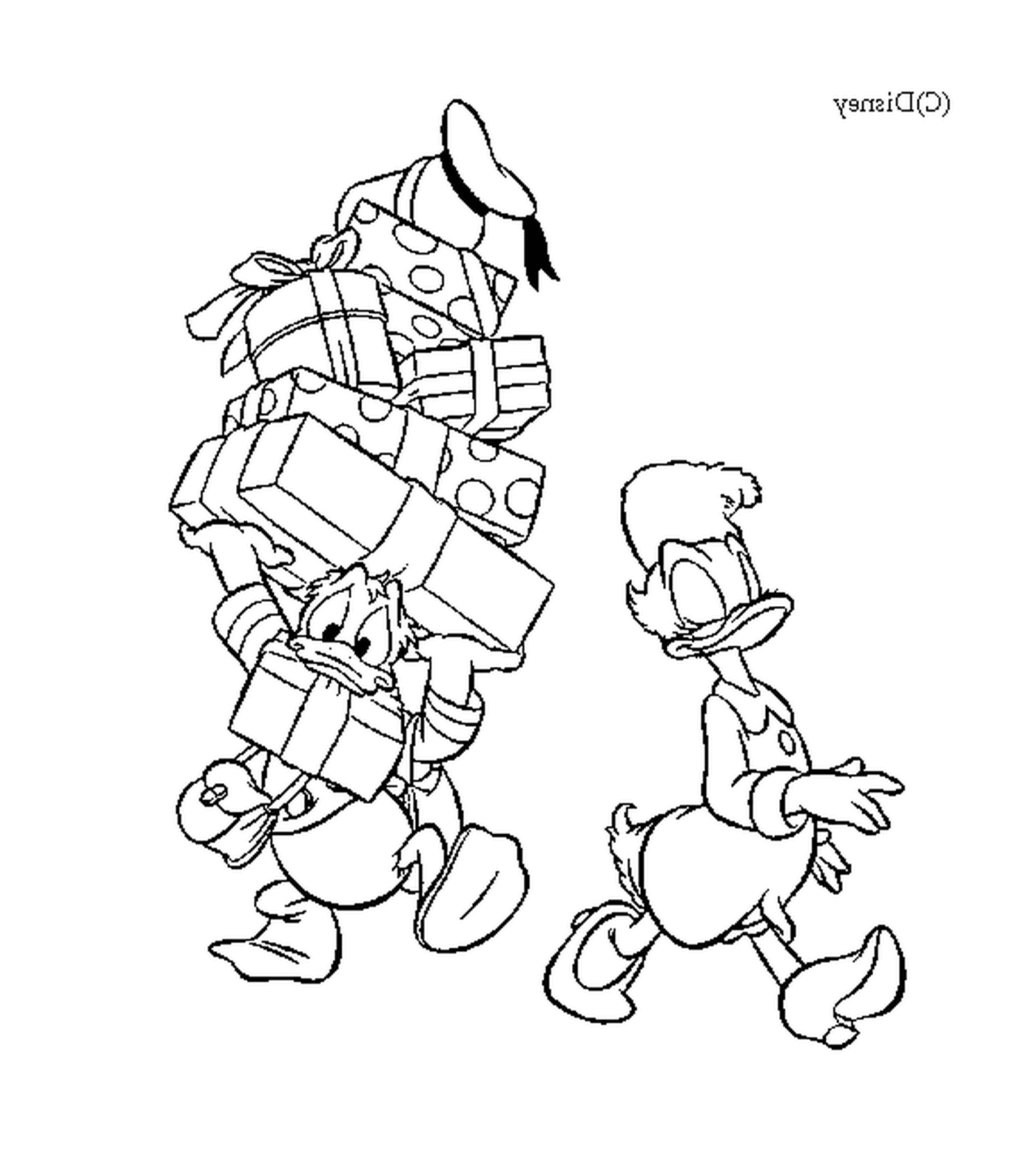  Donald's helping Daisy carry the presents 