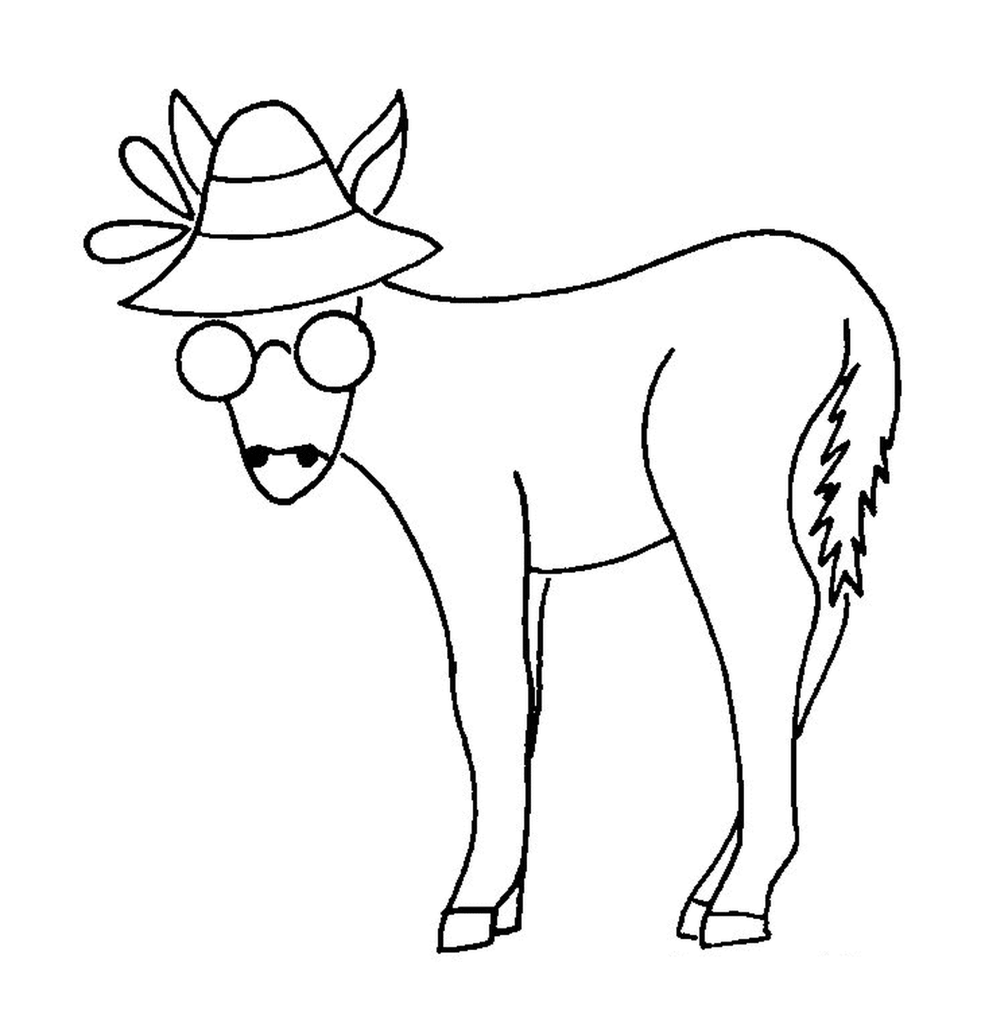  A horse with a hat and glasses on his head 