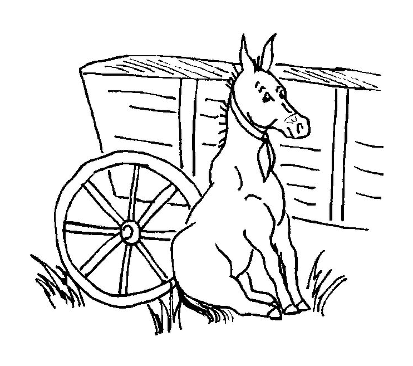  A donkey sitting next to a cart 