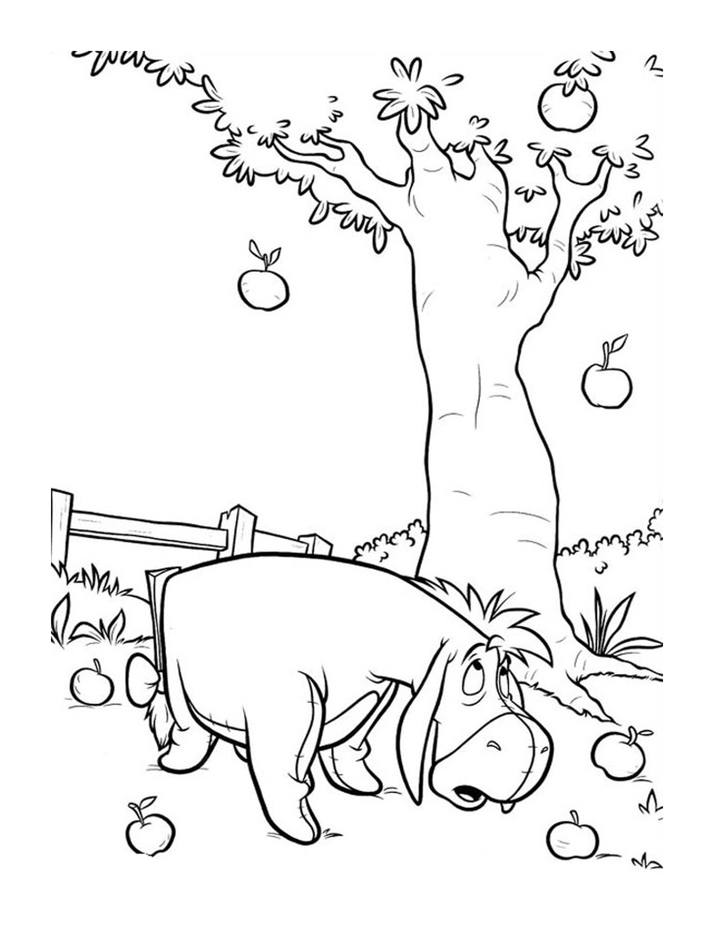  A hippopotamus standing next to an apple tree 