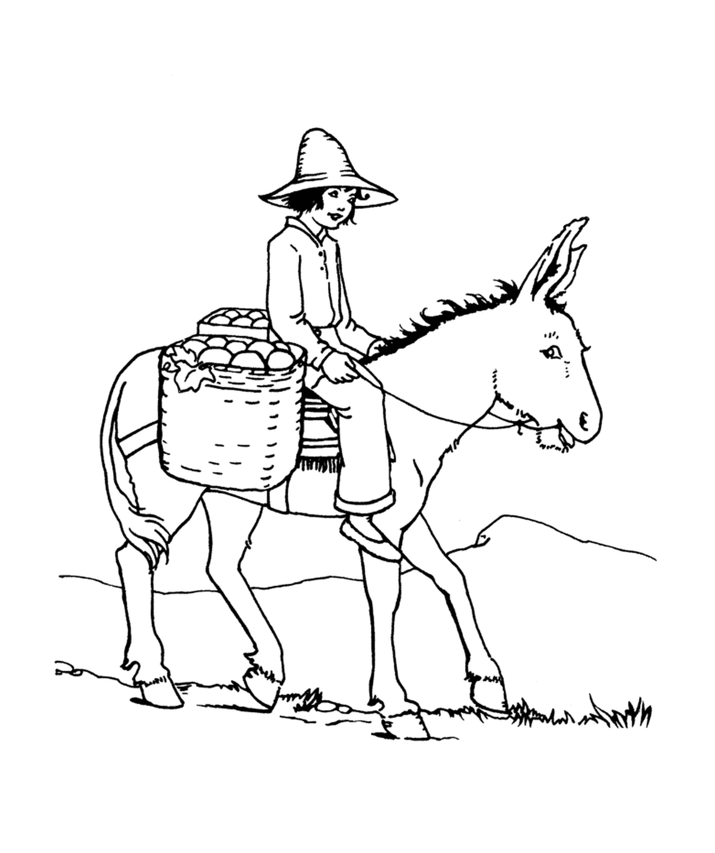  Un hombre montando un burro con una cesta en la espalda 