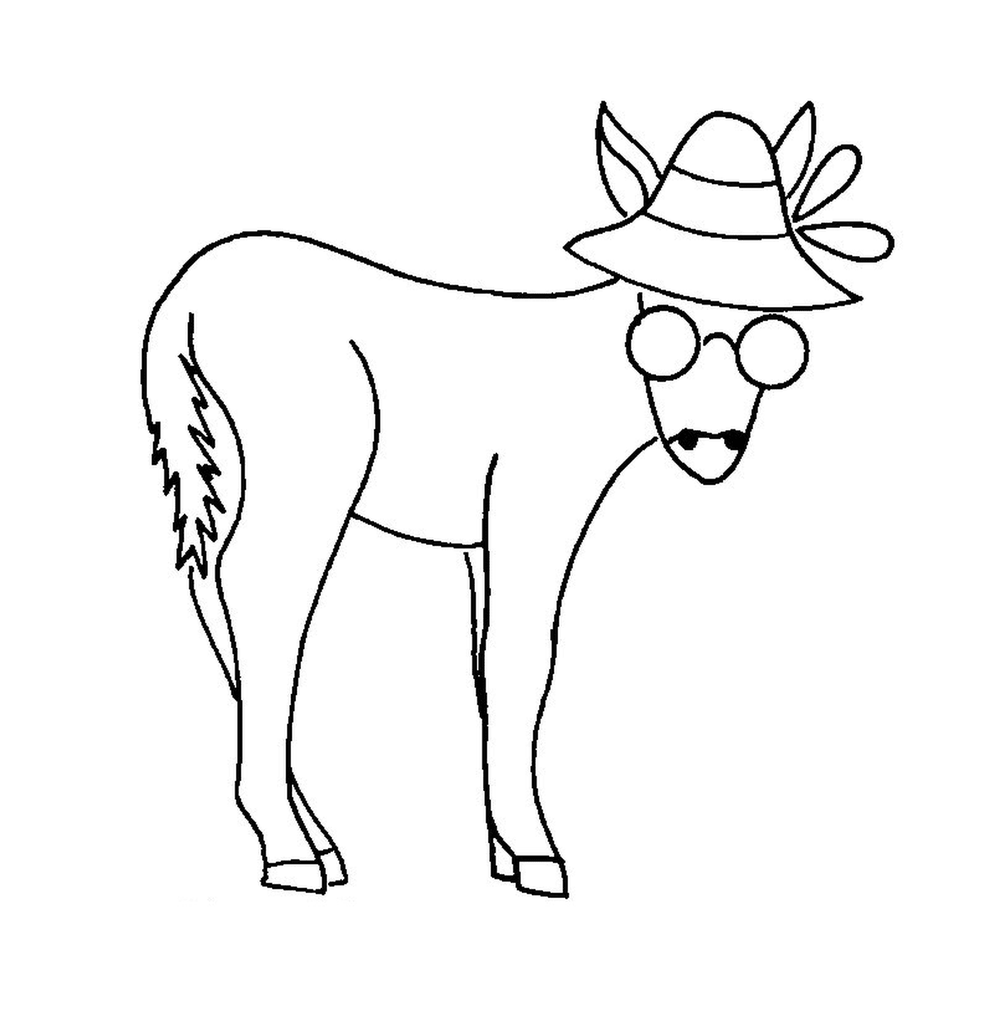  A funny donkey with a hat and glasses on his head 