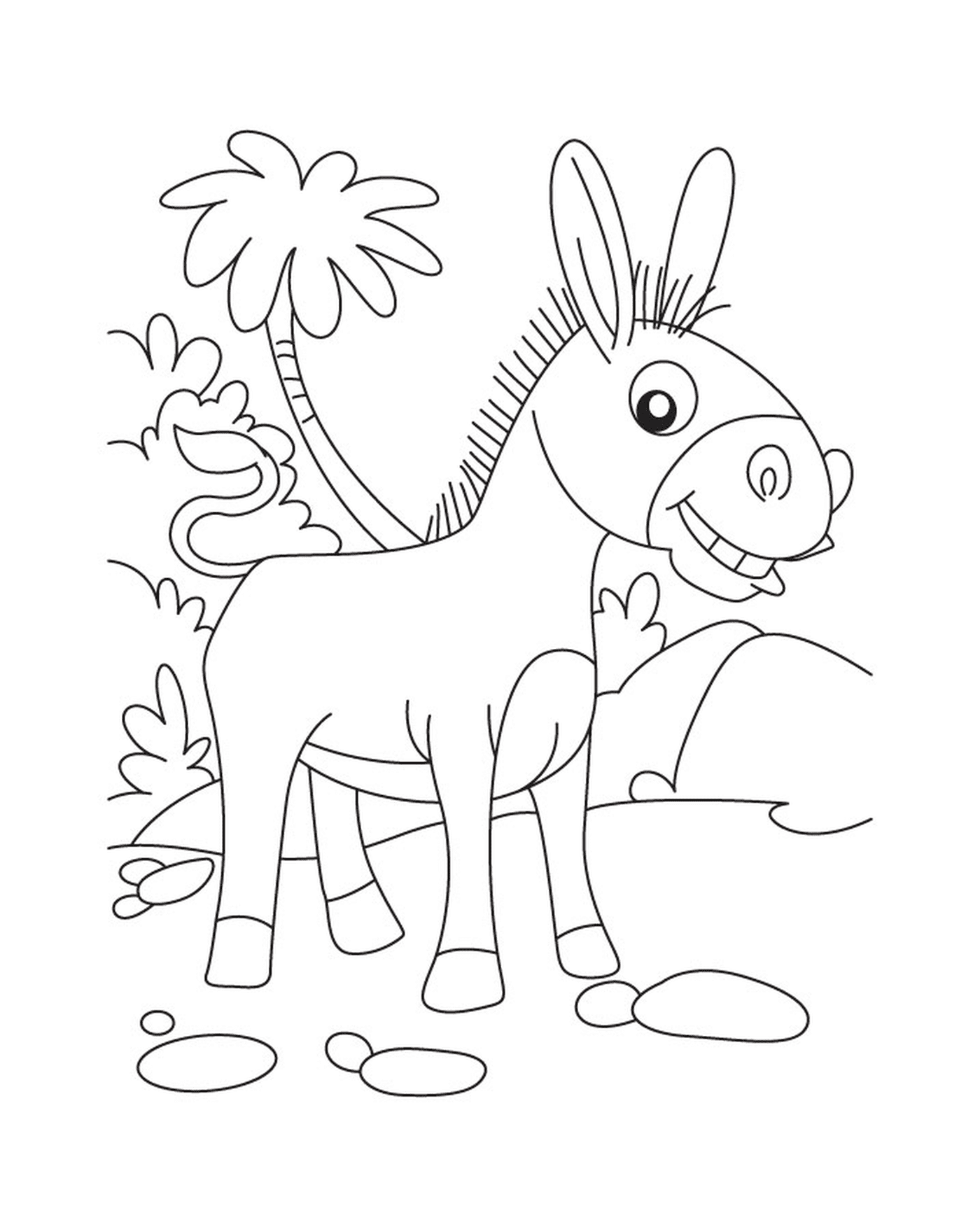  A donkey standing in the grass near a tree 
