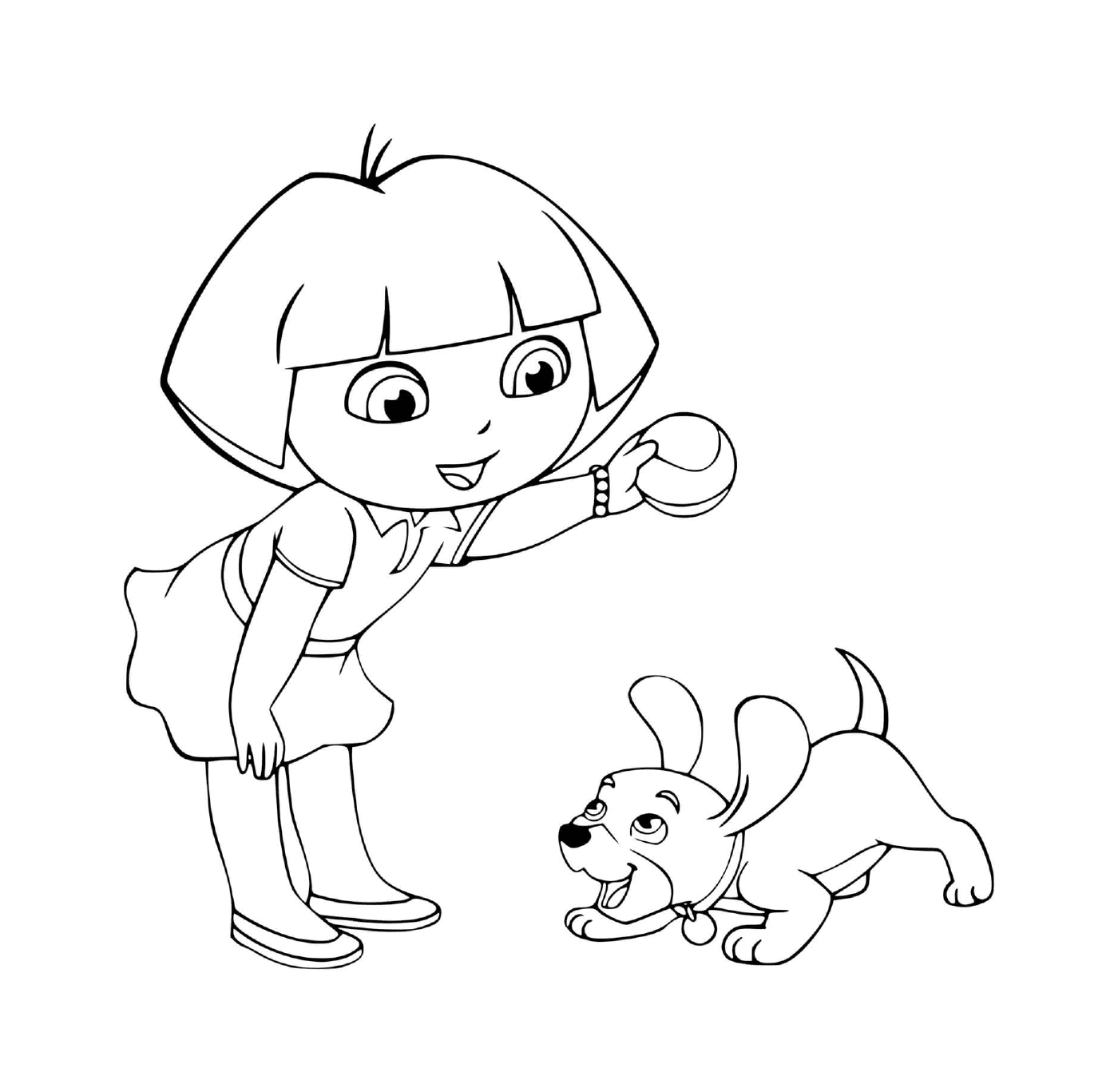  Дора играет в мяч со своей собакой с радостью 