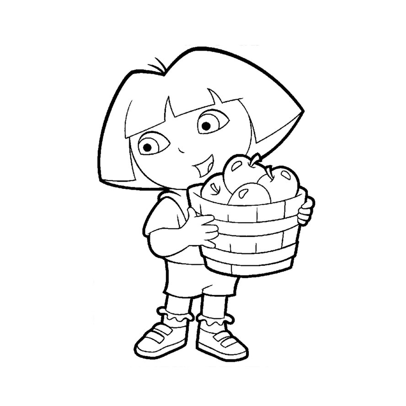  Dora holds a basket of apples in front of the television 