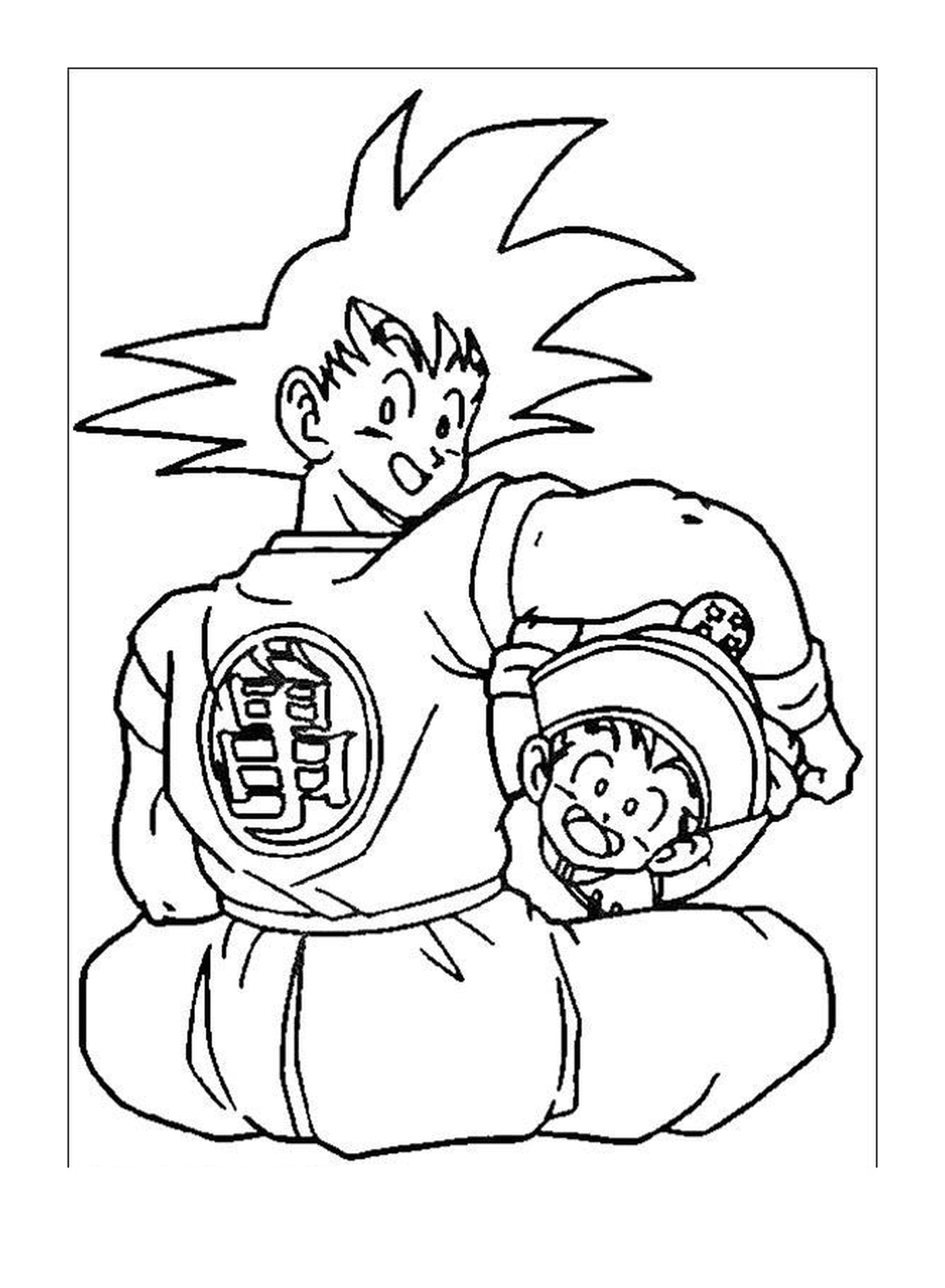  Goku con suo figlio e una scimmia 