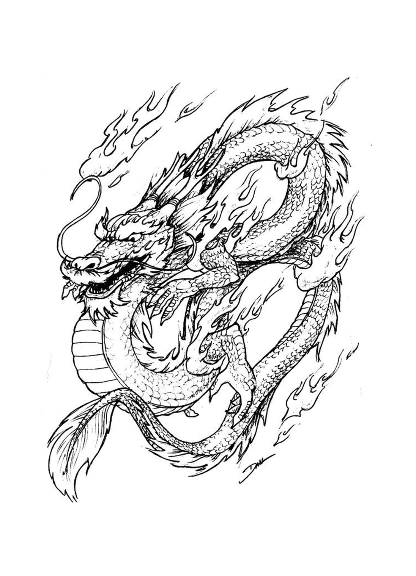  Un dragón oriental inflamado, símbolo de fuerza y pasión 