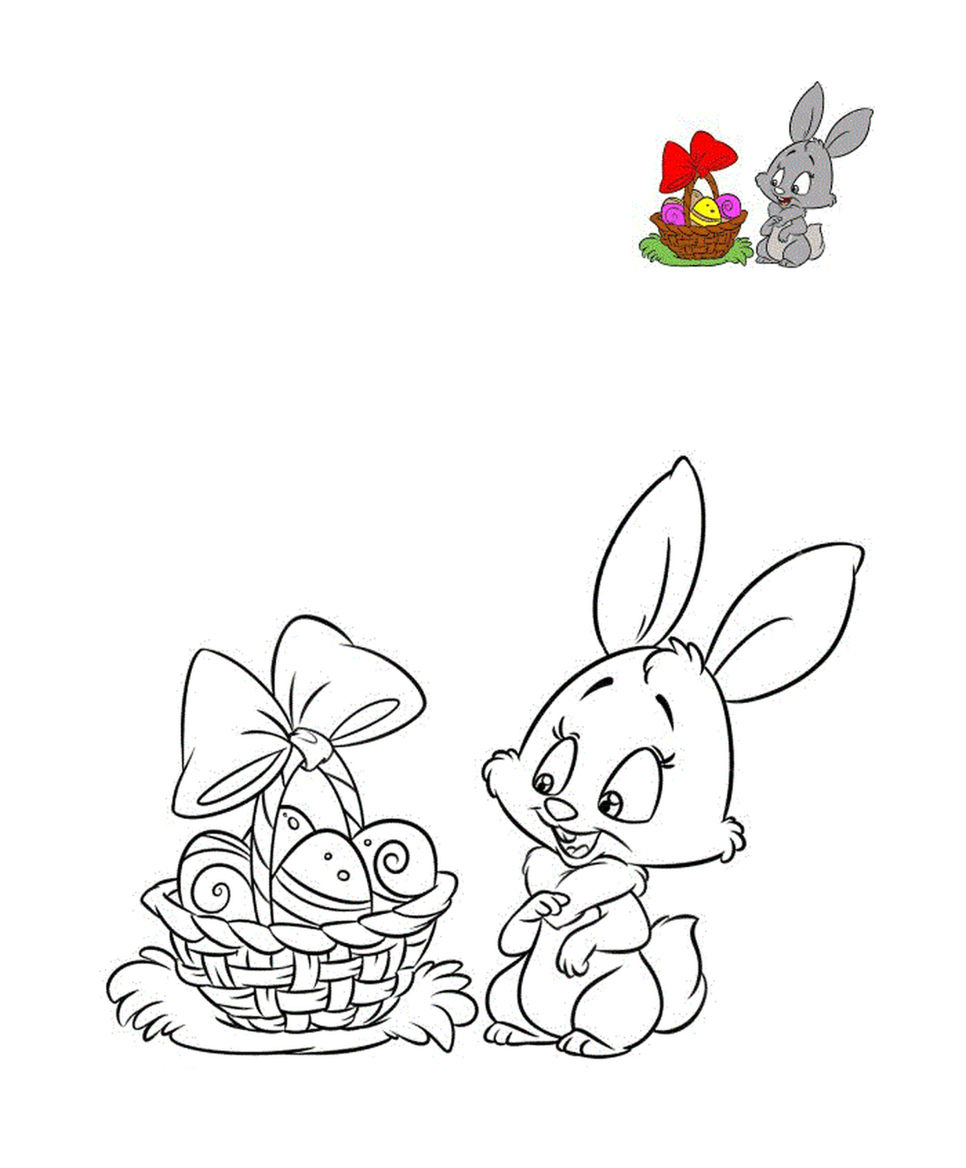  Baby rabbit near a basket of eggs 