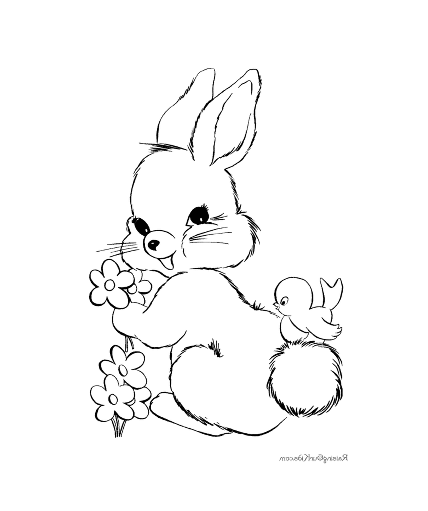  A rabbit with flowers and a bird 