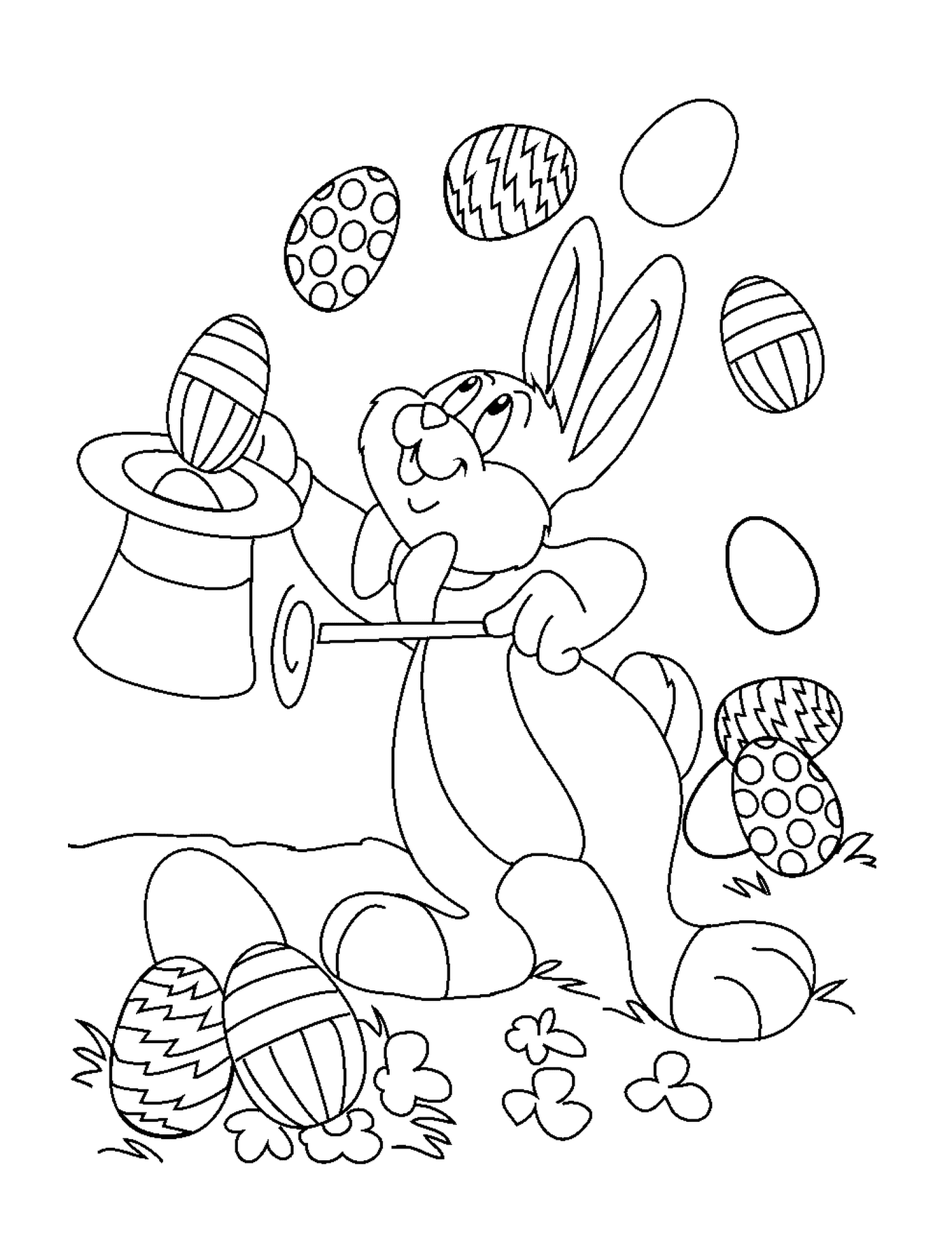  Ein Osterkaninchen spielt mit Eiern 