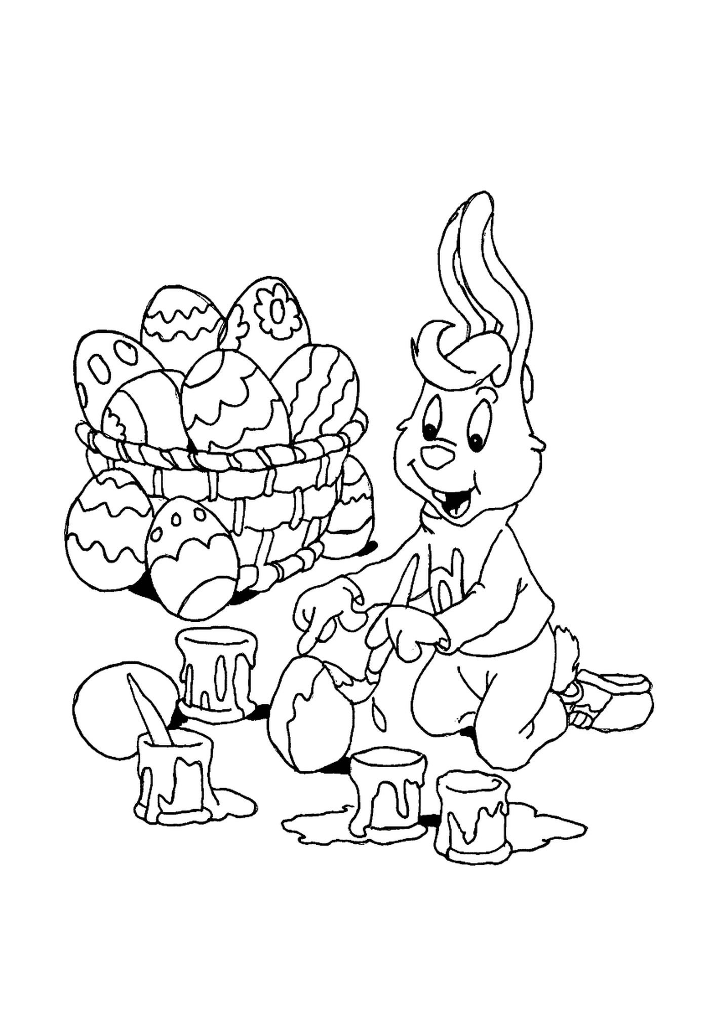  Un conejo de Pascua delante de una cesta de huevos 