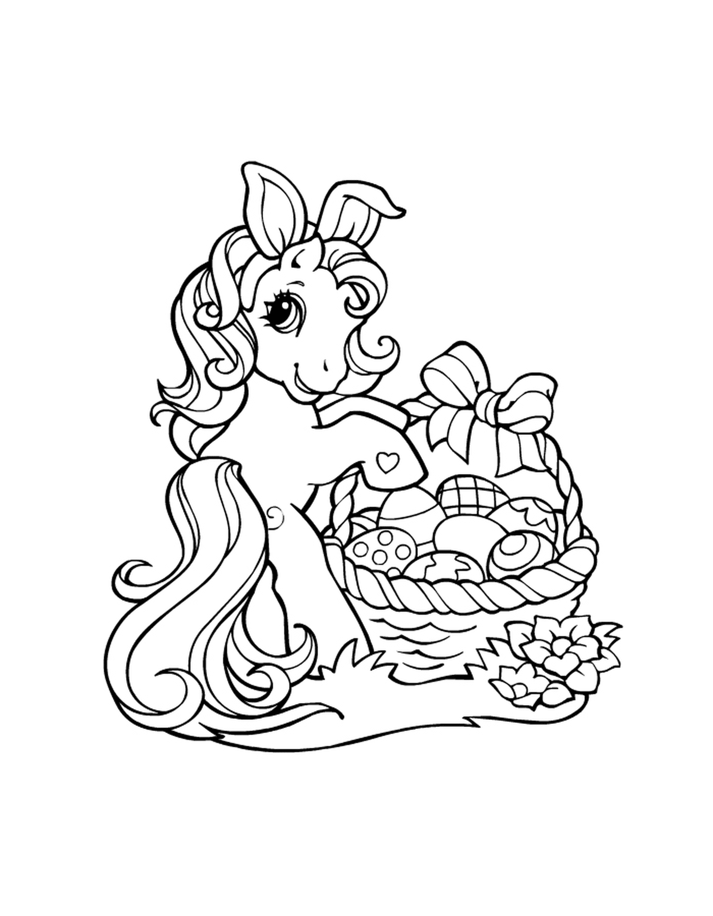  A pony holding a basket of Easter eggs 