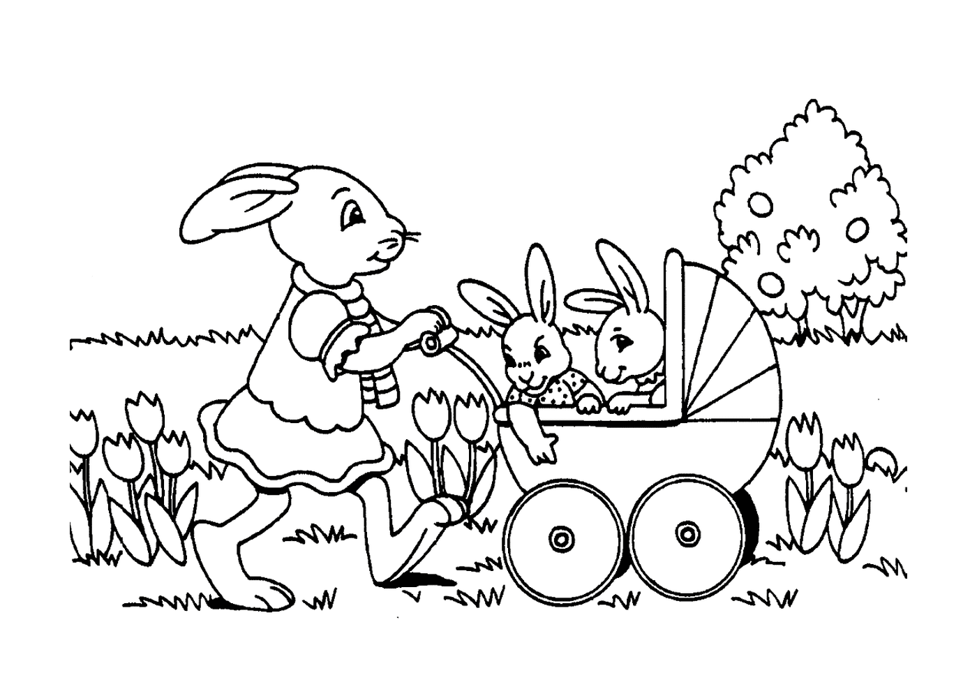  An Easter rabbit pushing a stroller 