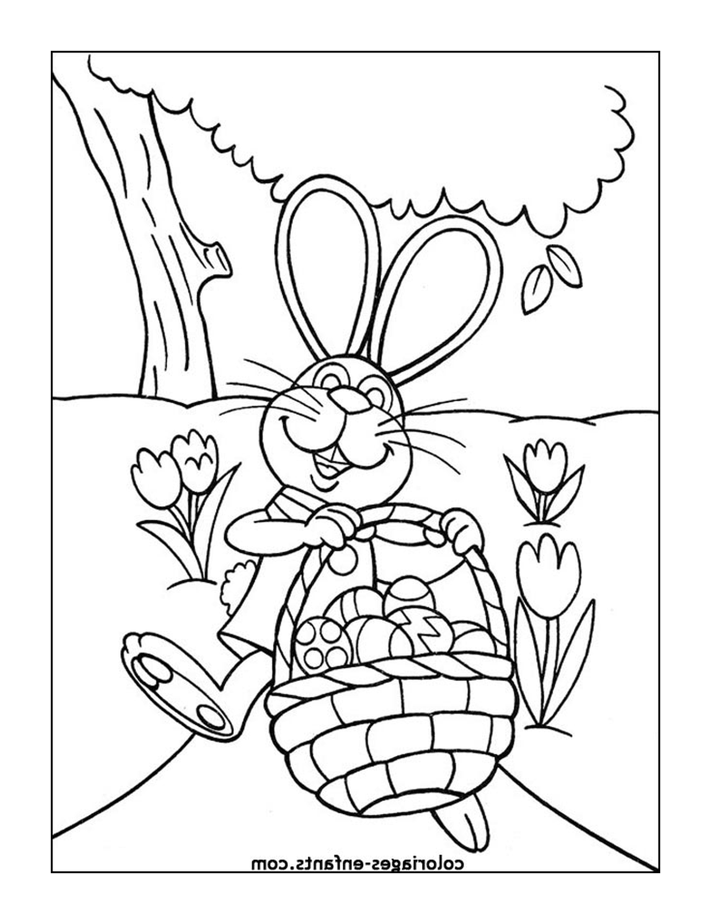  Un conejo de Pascua con una cesta llena de huevos 