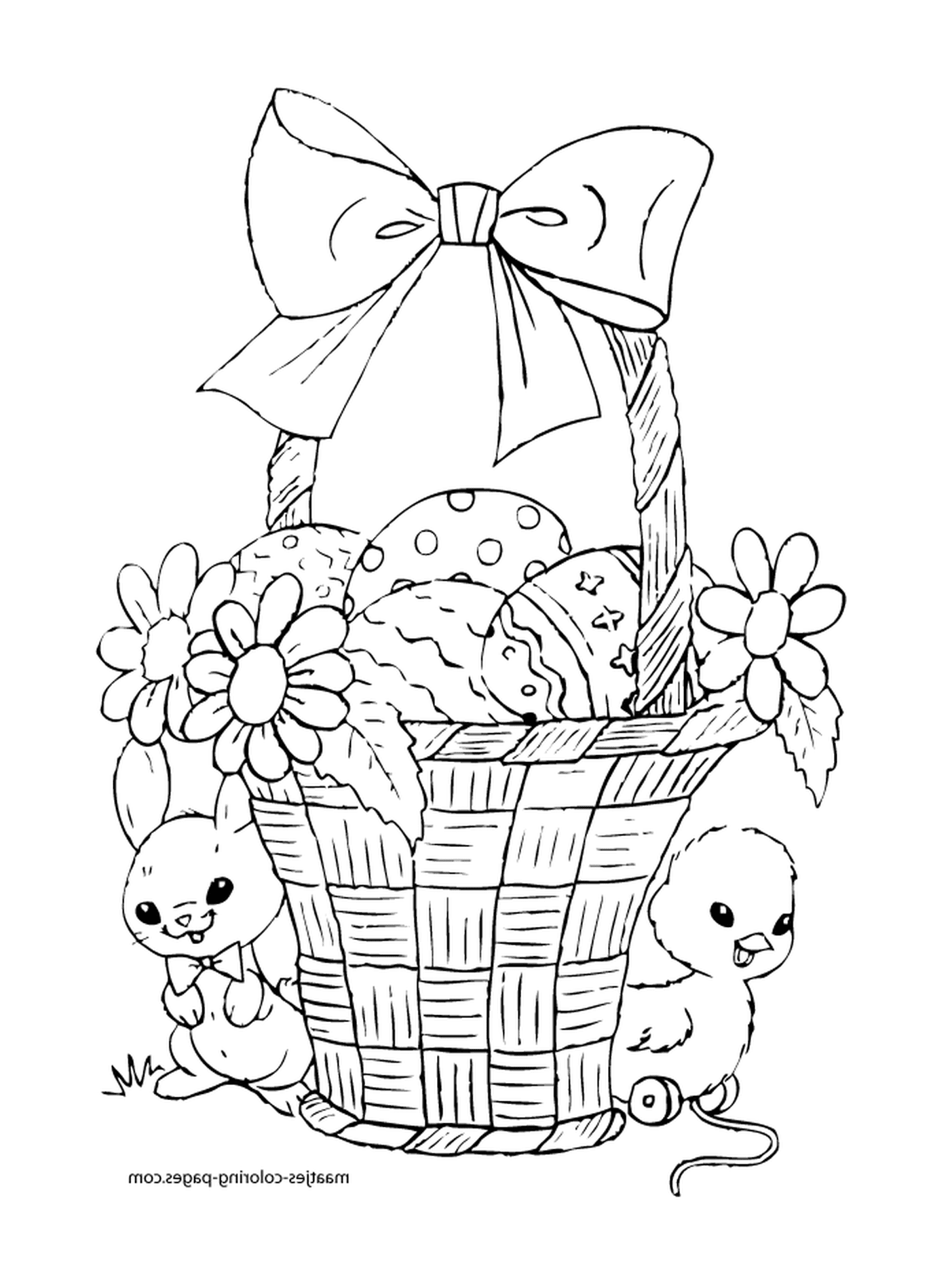  Una cesta llena de huevos de Pascua y flores 