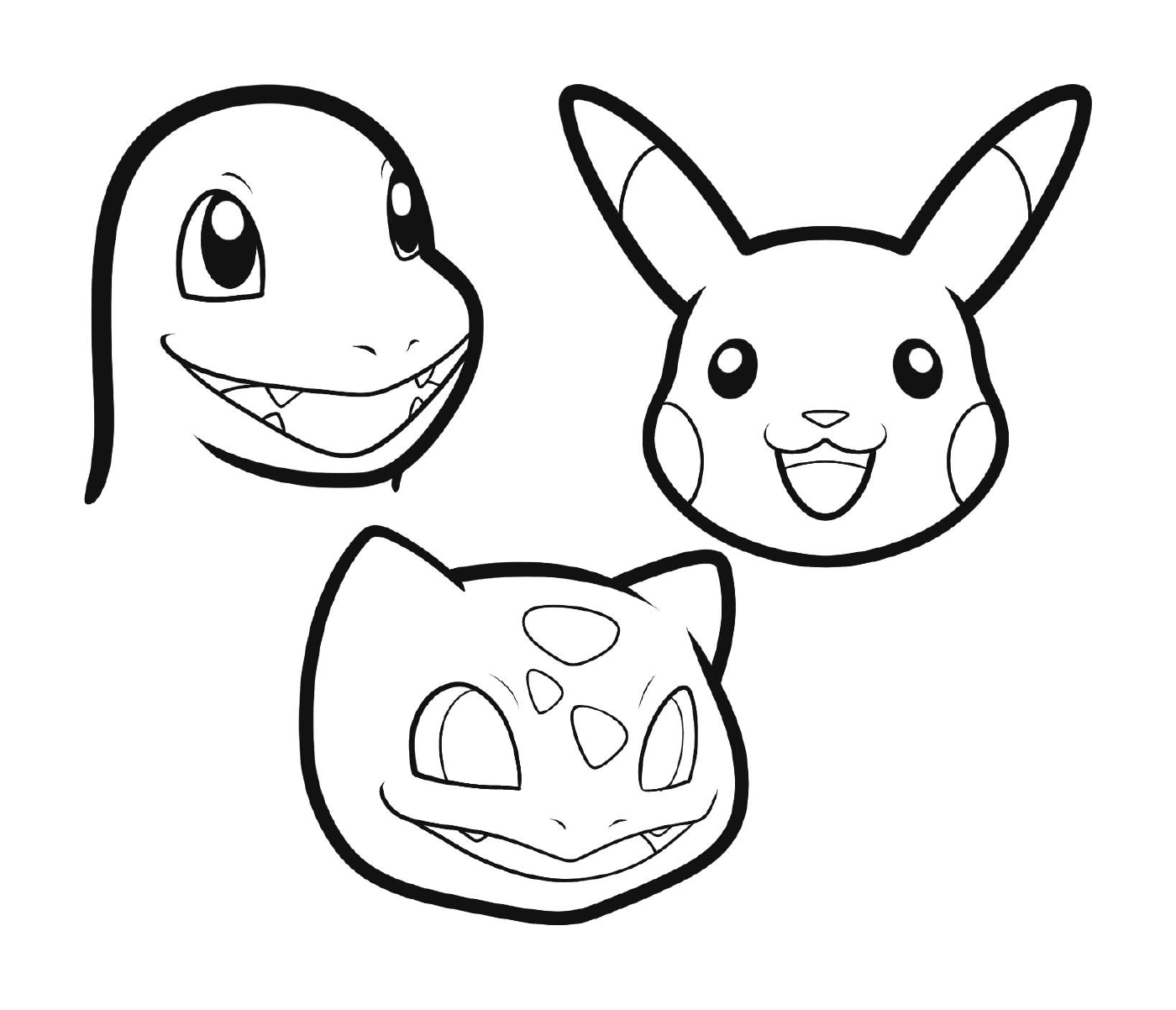  Un conjunto de tres caricaturas que representan a un Pikachu, un Salamèche y un Carapuce 