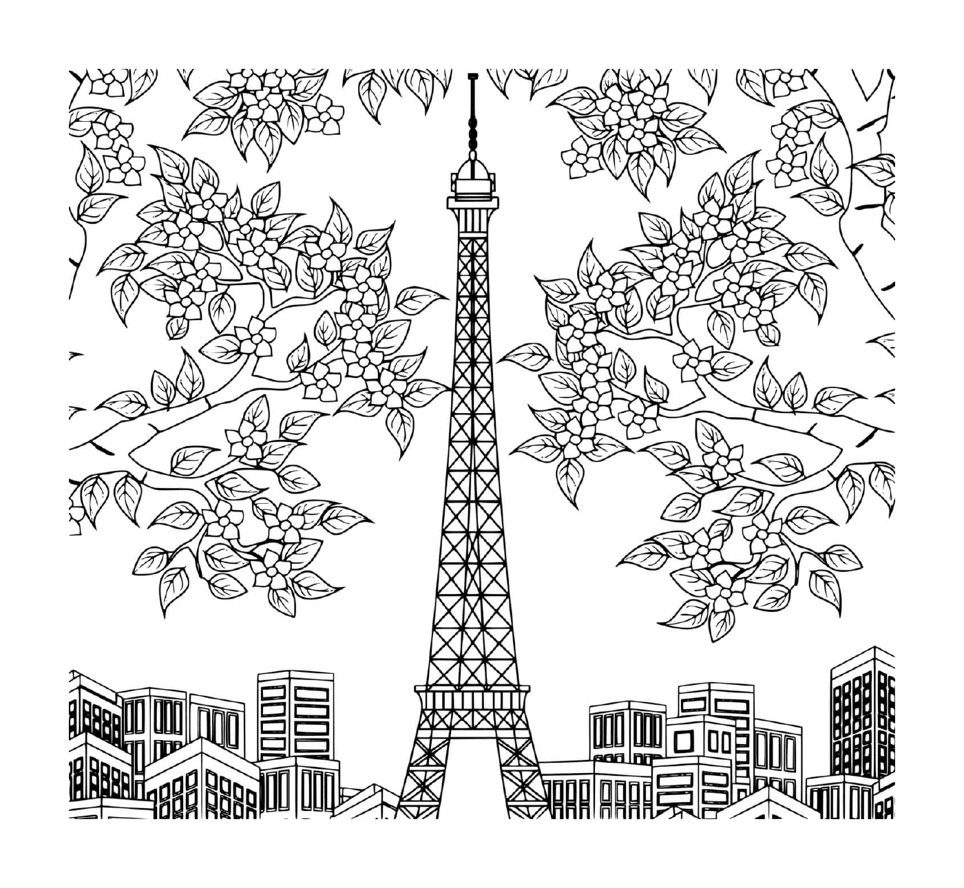  Torre Eiffel rodeada de árboles, flores y edificios 