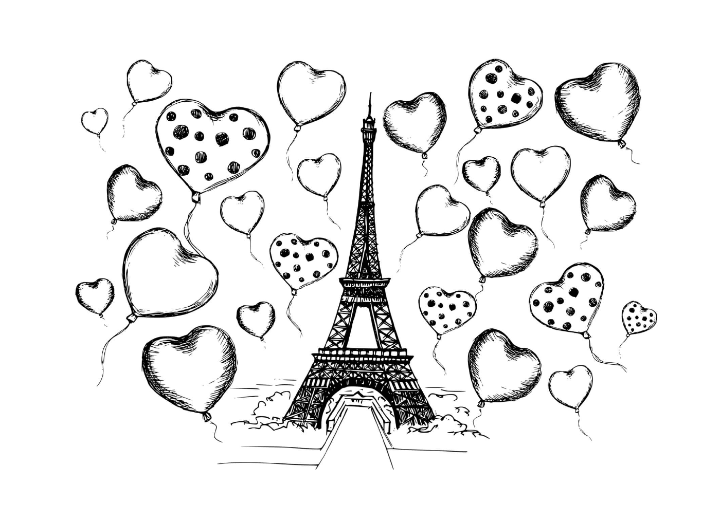  Eiffel Tower surrounded by hearts and balloons 