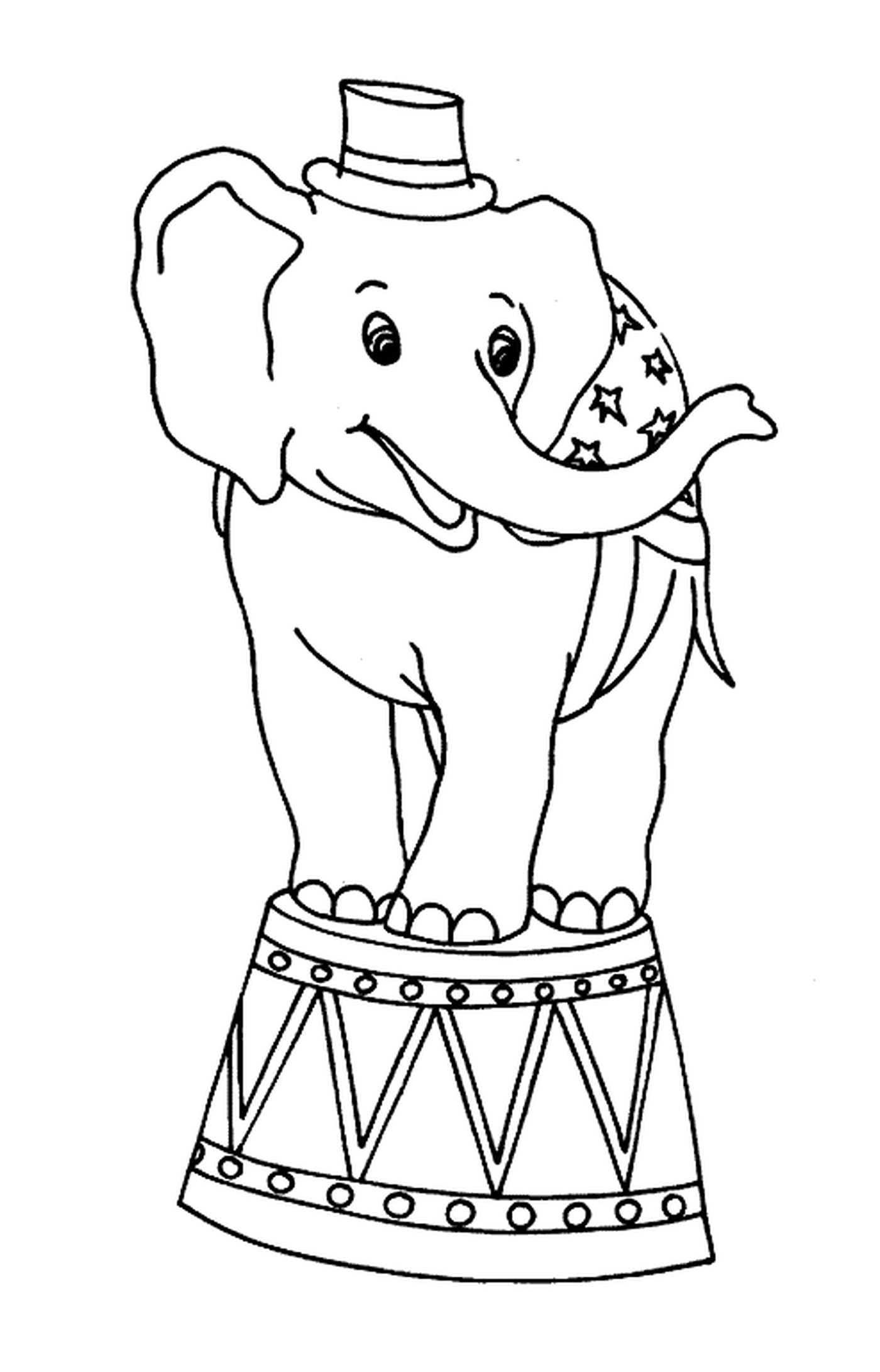  A circus elephant standing on a drum 