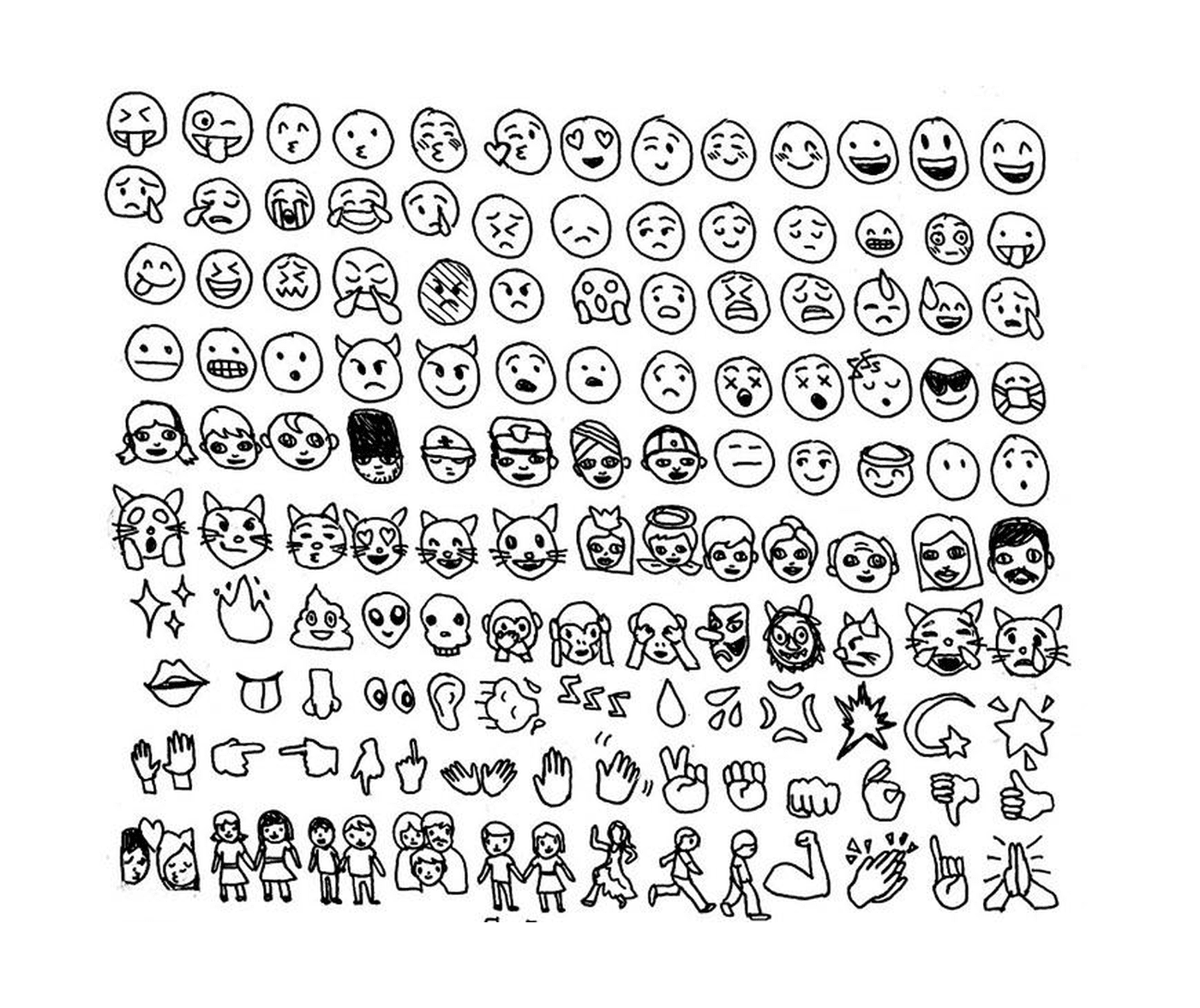  A set of different faces drawn on paper 