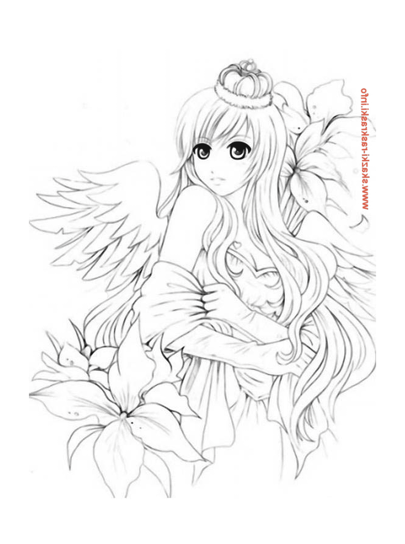  Ein Engel mit langen weißen Haaren und einer Blume 