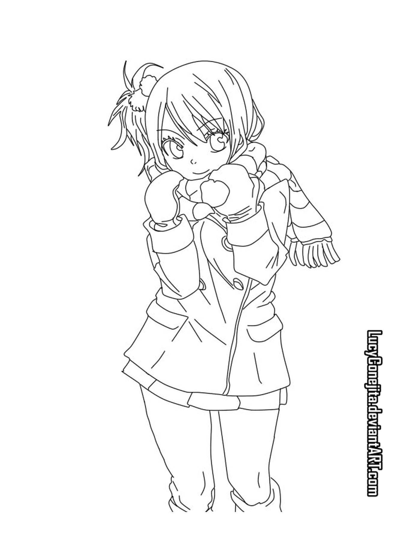  A cartoon girl with a scarf and a jacket 