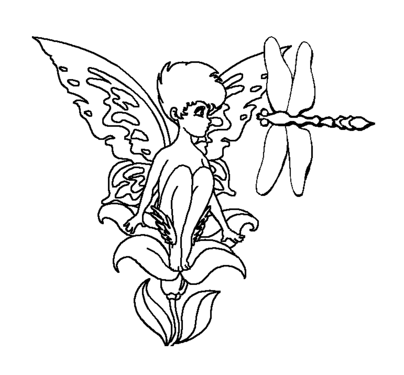  Una fata seduta su un fiore con una libellula 