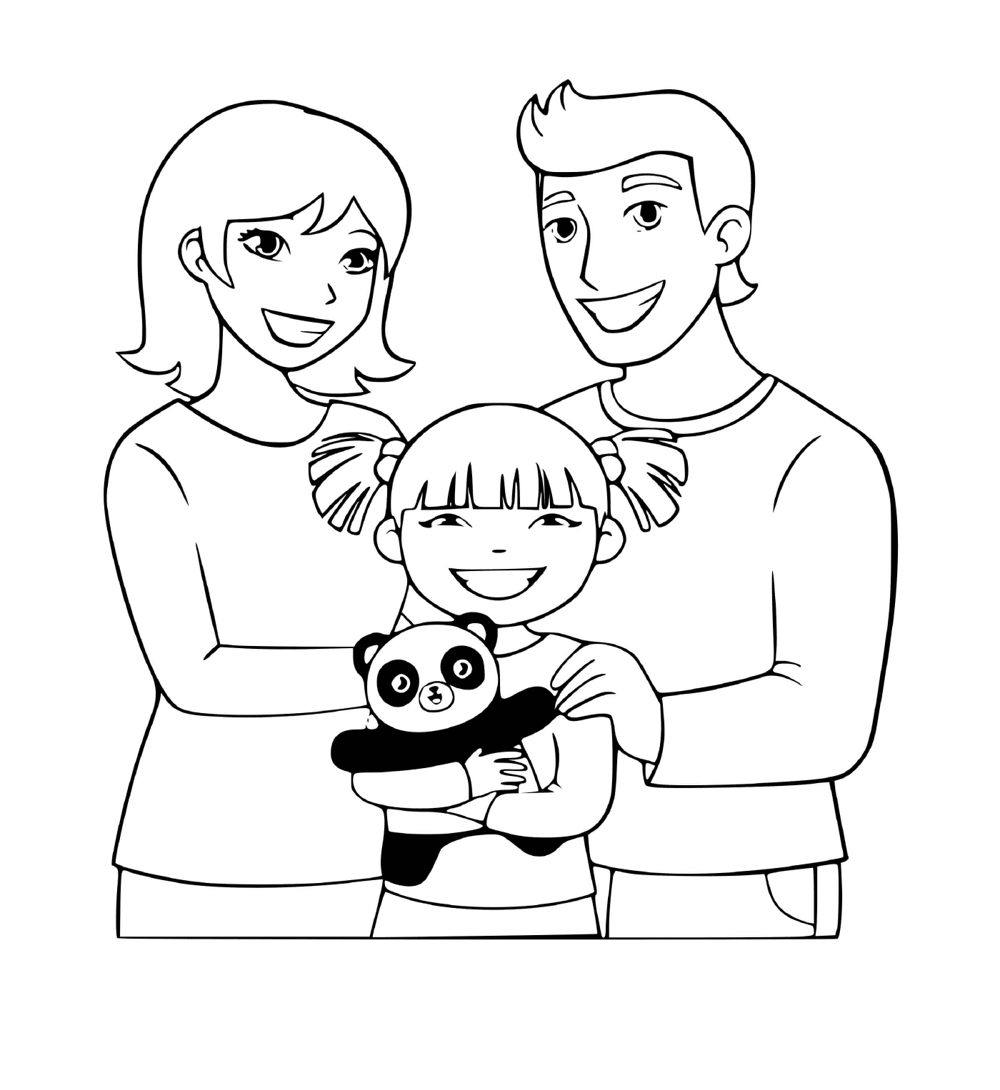  Una famiglia con la loro unica figlia e il suo panda peluche 