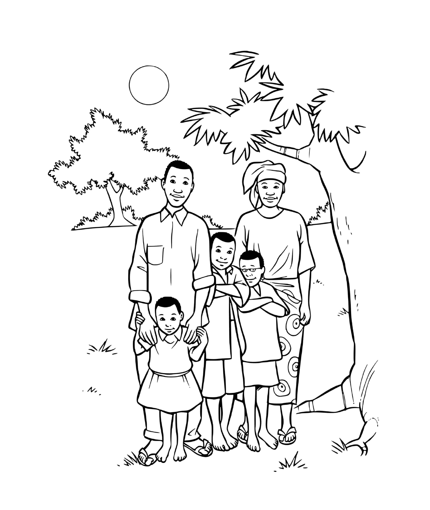  Una familia africana con tres hijos bajo un árbol 