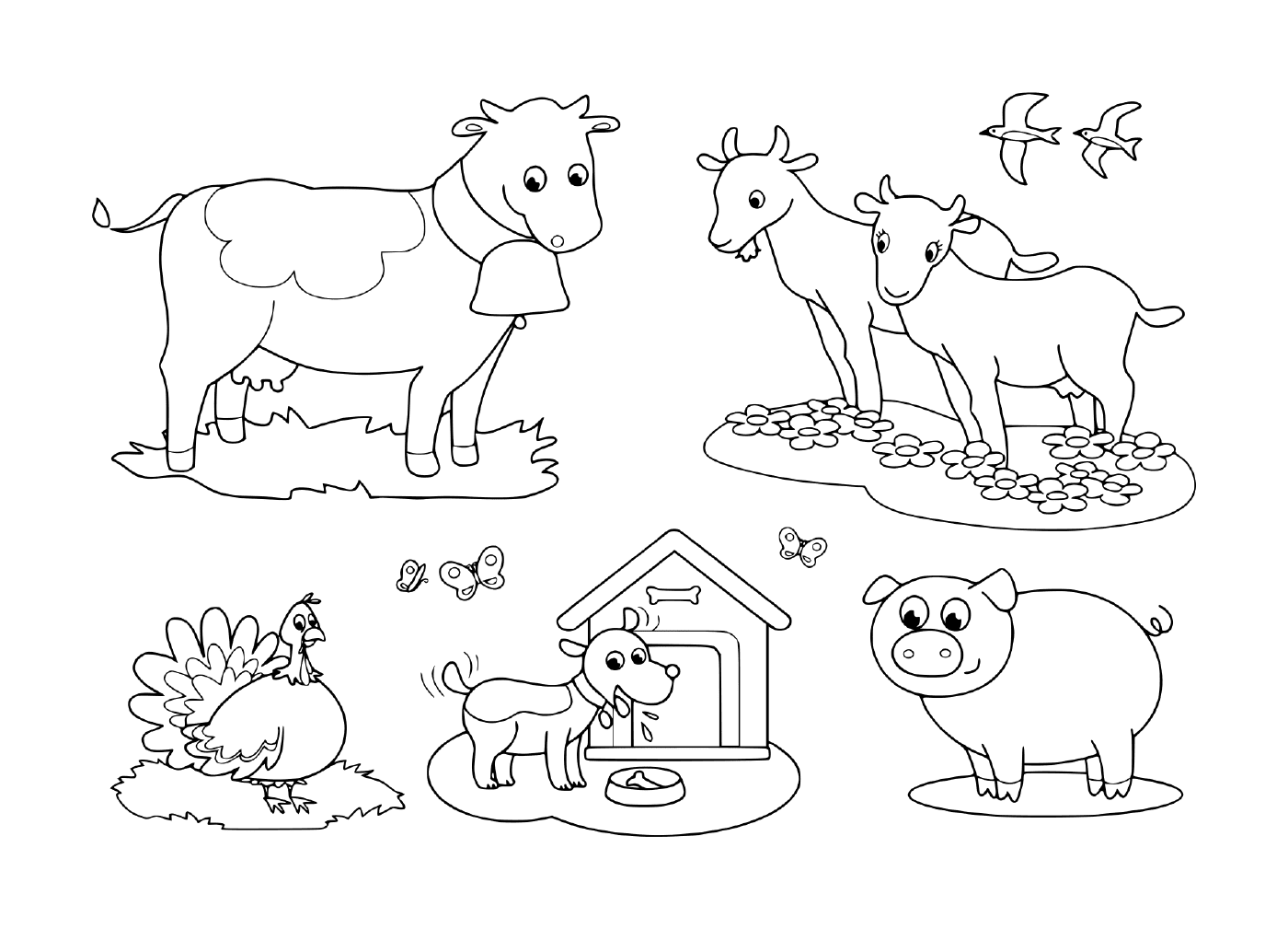  a group of farm animals including a goat, a cow, a pig, a turkey, a dog and a swallow 