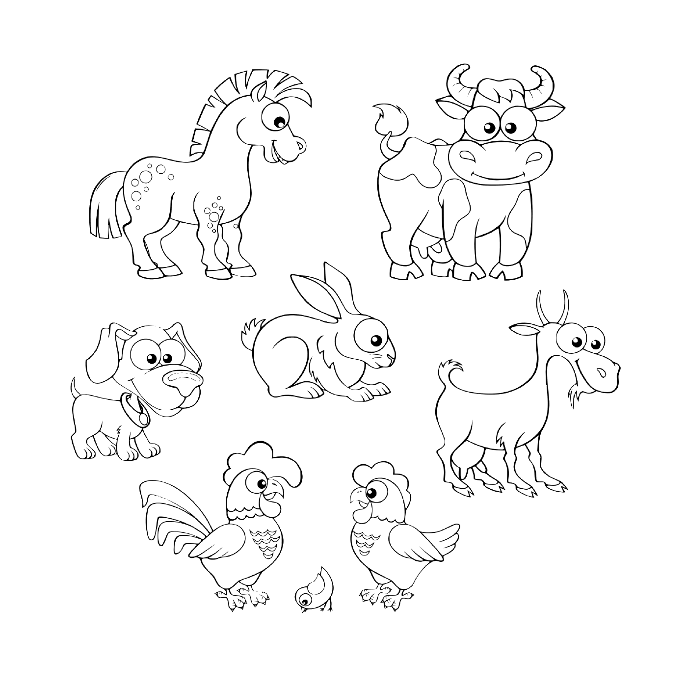  a set of farm animals including a horse, a cow, a goat, a rabbit, a dog, a hen, a cock and a chick 
