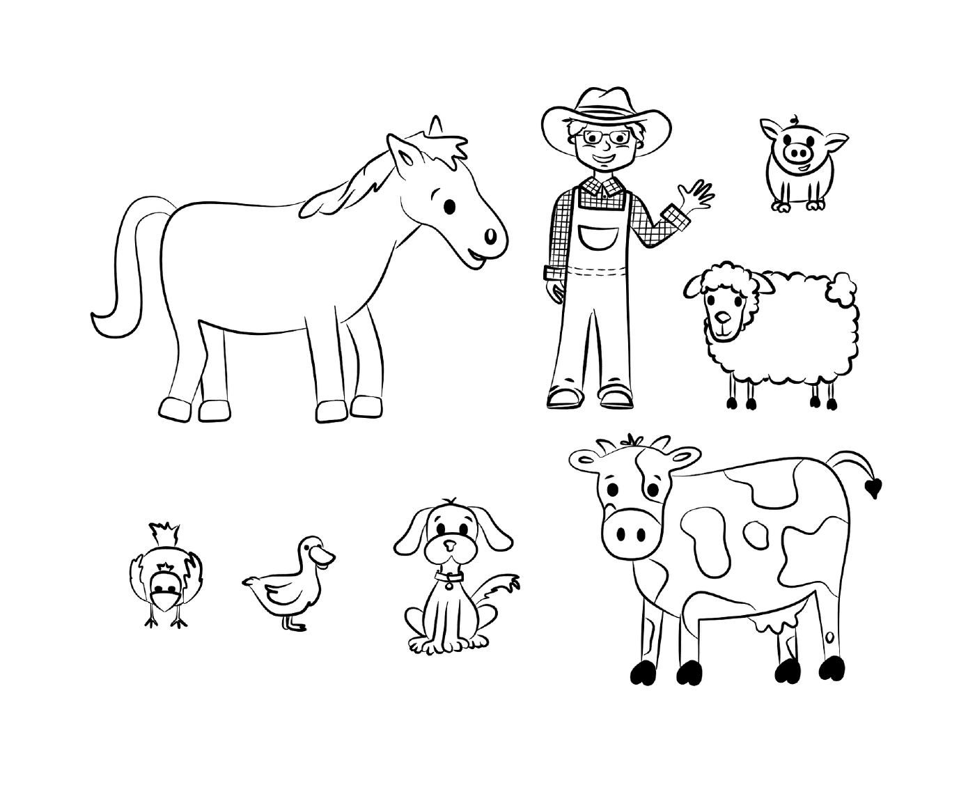 a farmer, a cow, a horse, a dog, a duck and a chicken 
