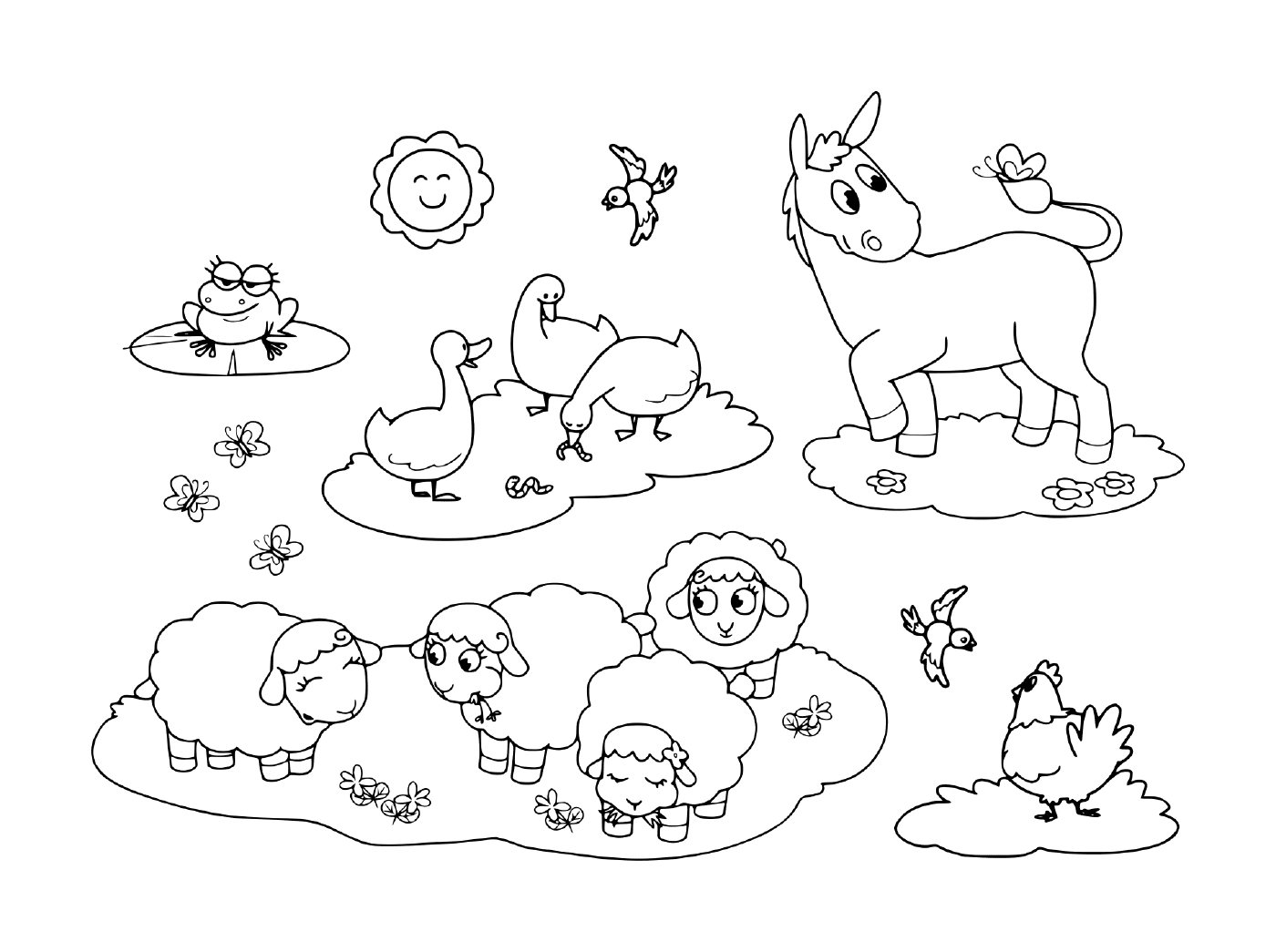  eine Gruppe von Tieren im Gras, darunter ein Esel, eine Gans, eine Henne, Schafe und ein Frosch 