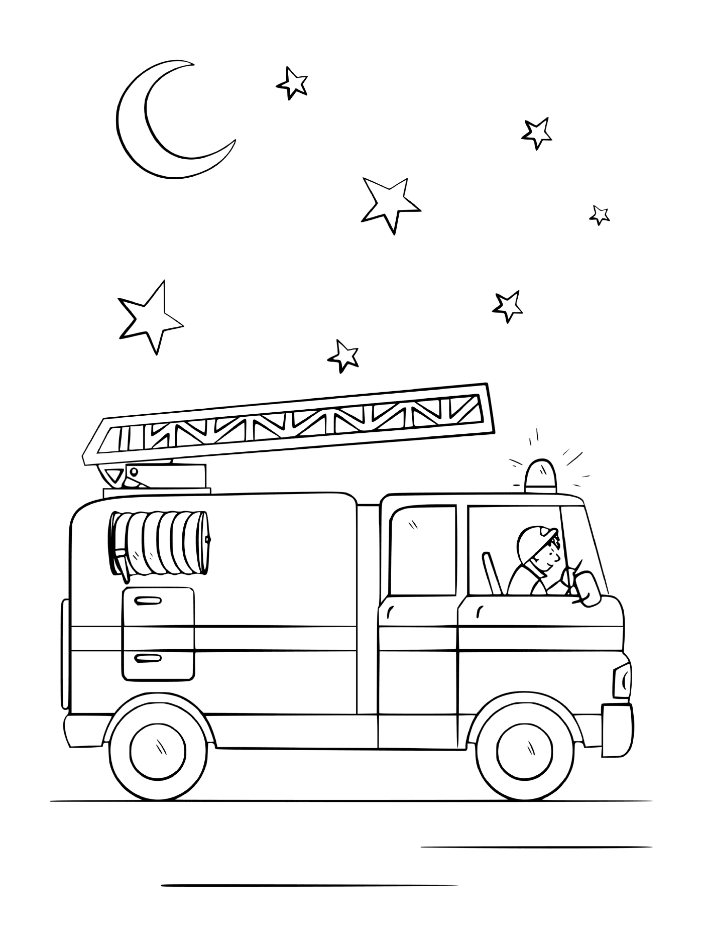  A fire truck at night, under the stars and the moon 