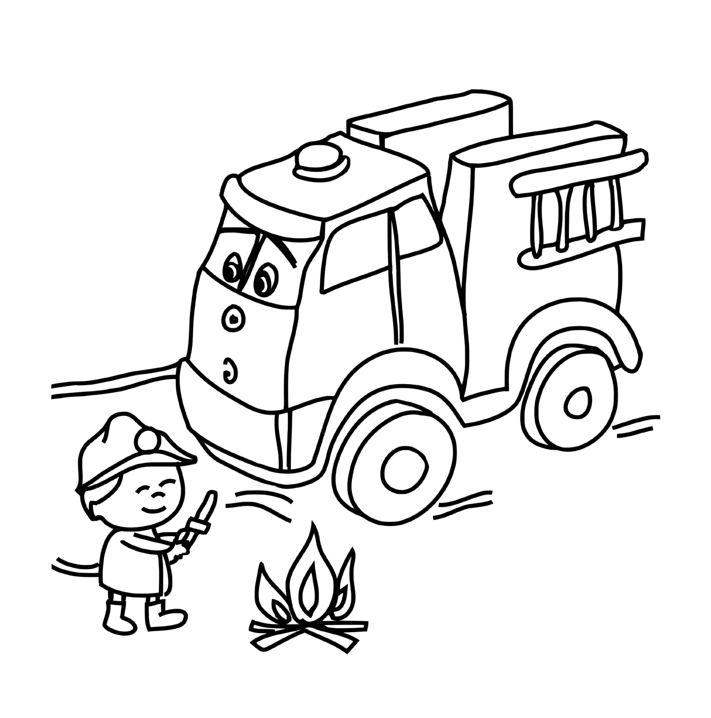  un camión de bomberos con un niño extinguiendo el fuego 