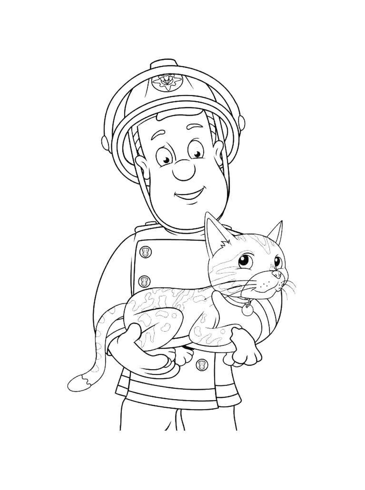  Пожарный держит кошку 