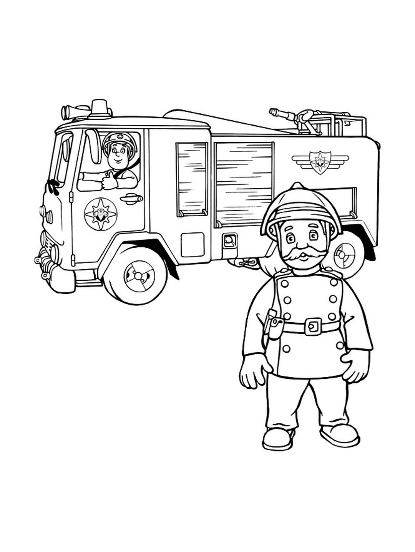  Feuerwehrmann neben einem Feuerwehrwagen 