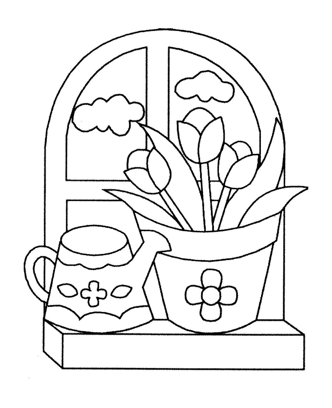  A pot of flowers and a sprinkler on a window edge 
