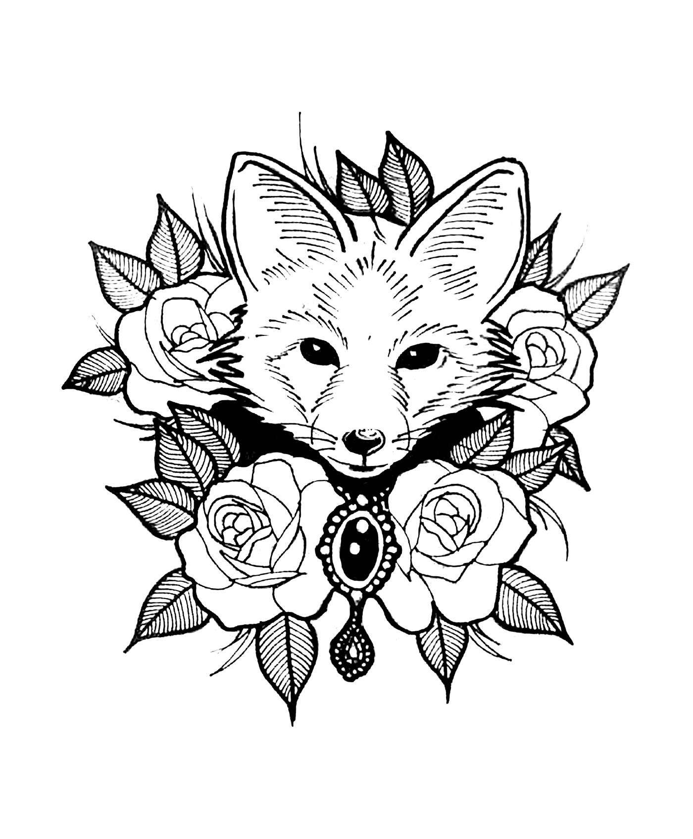  Fox and roses, tattoo style 