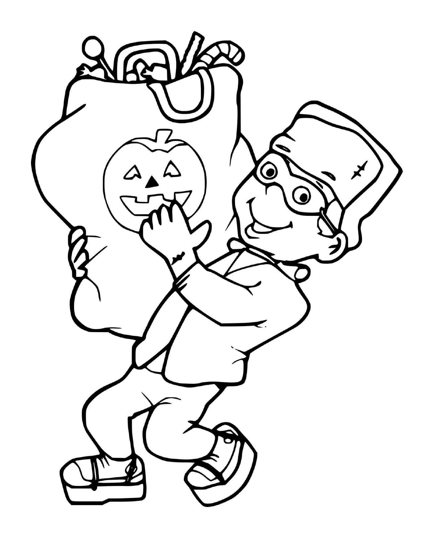  Ребёнок с костюмом Франкенштейна собирает большой пакет с угощением на Хэллоуин 