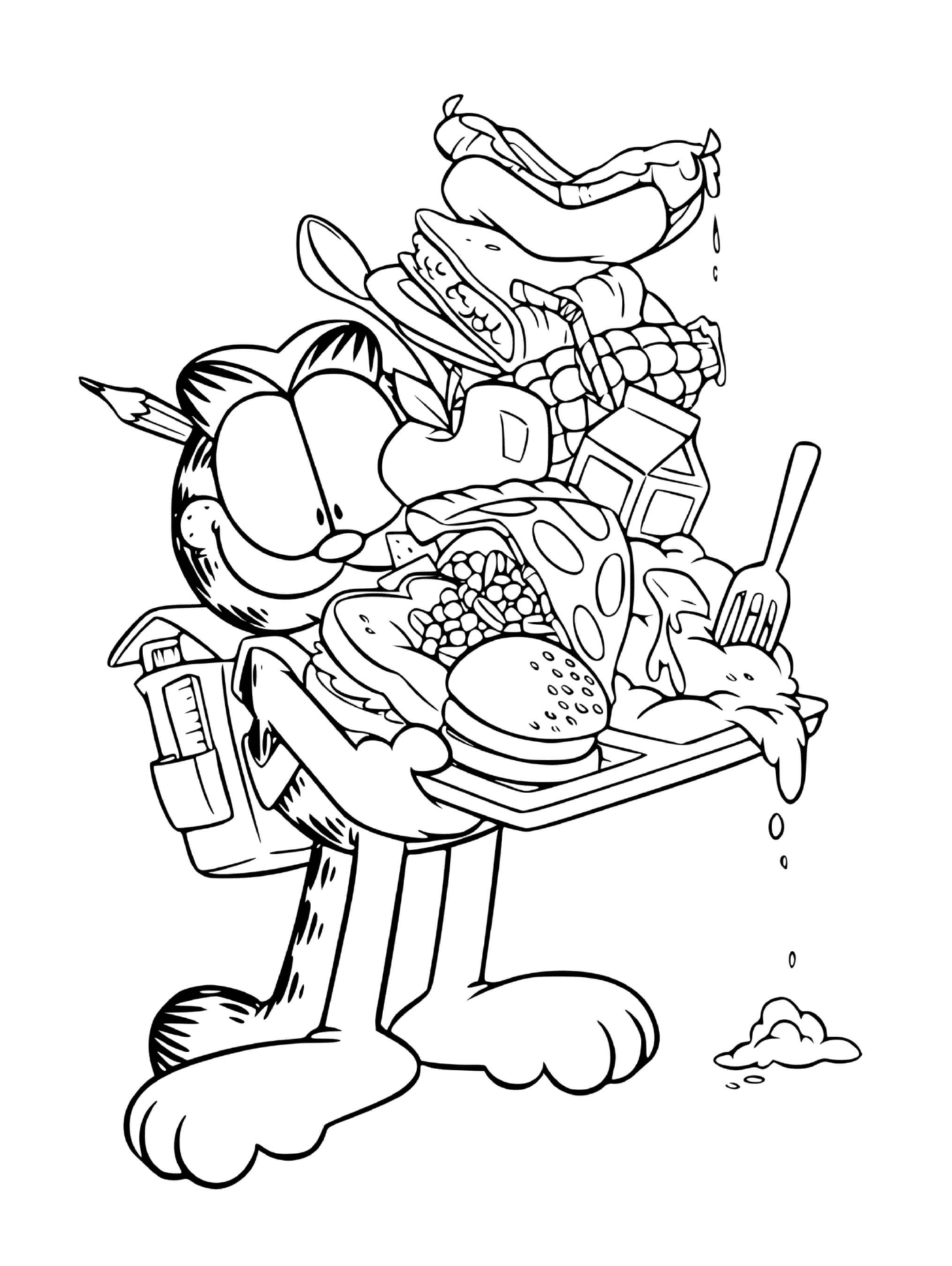  Garfield sale de la cafetería con una bandeja 