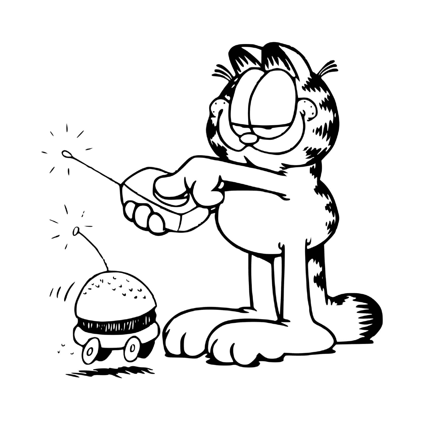  Garfield plays with a hamburger car 