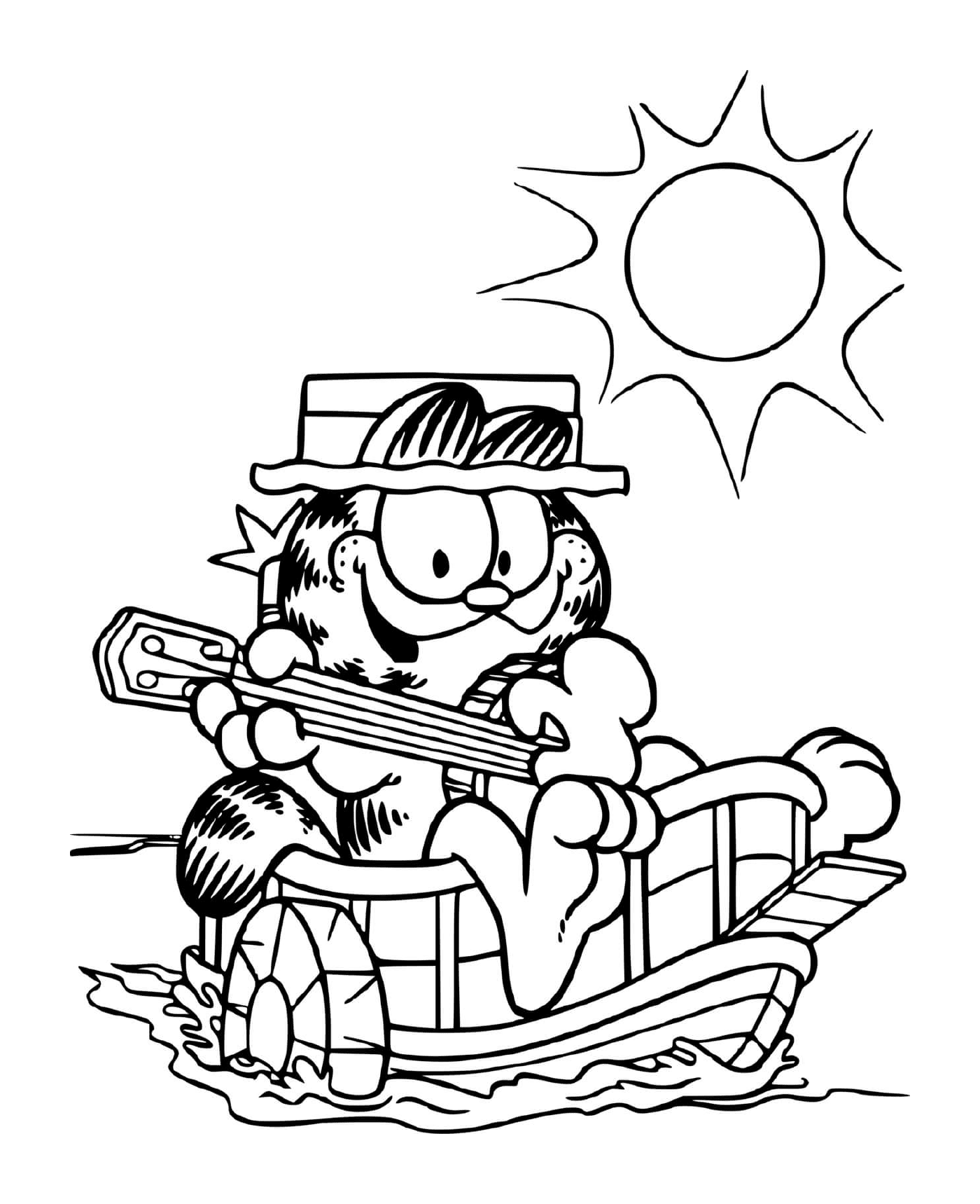  Гарфилд играет на гитаре на своей лодке 