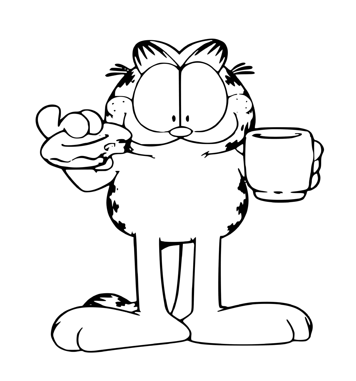  Garfield drinks coffee and eats a doughnut 