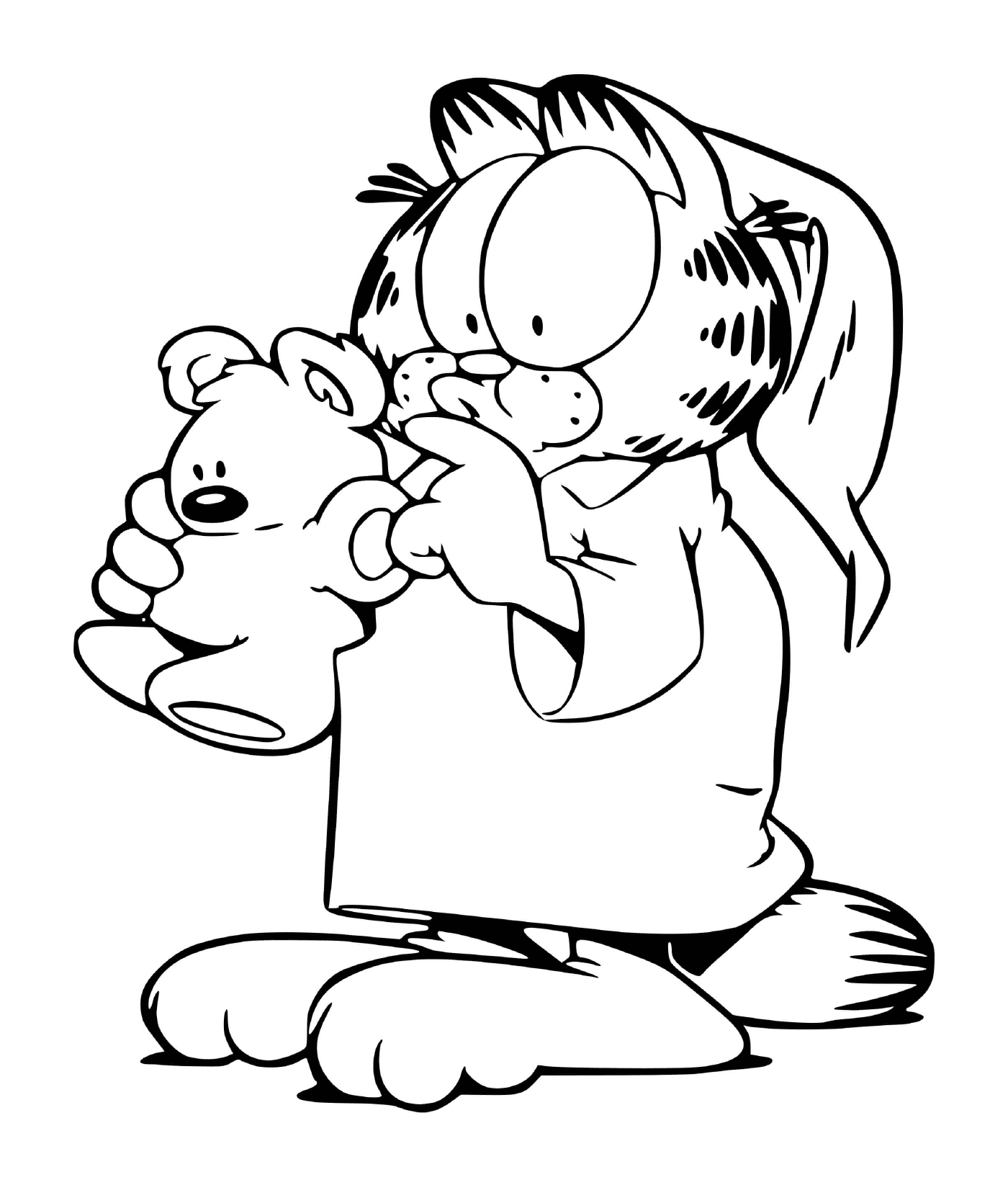  Garfield in pigiama con il suo orsacchiotto 
