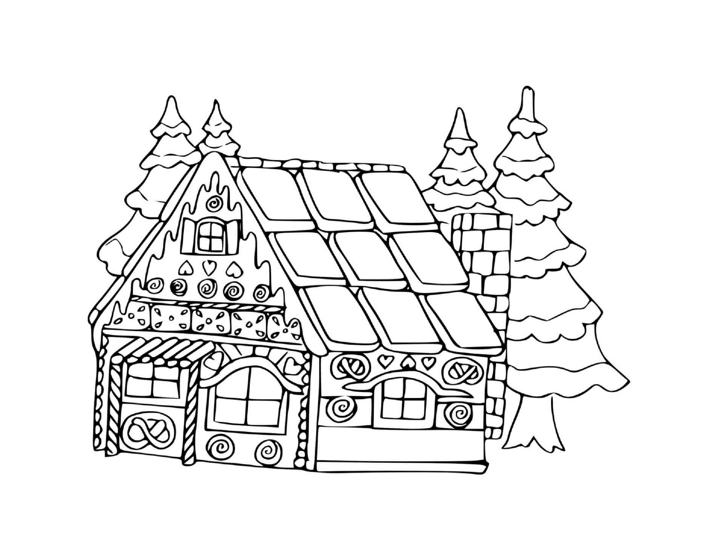  House in gingerbread biscuit with fir trees 