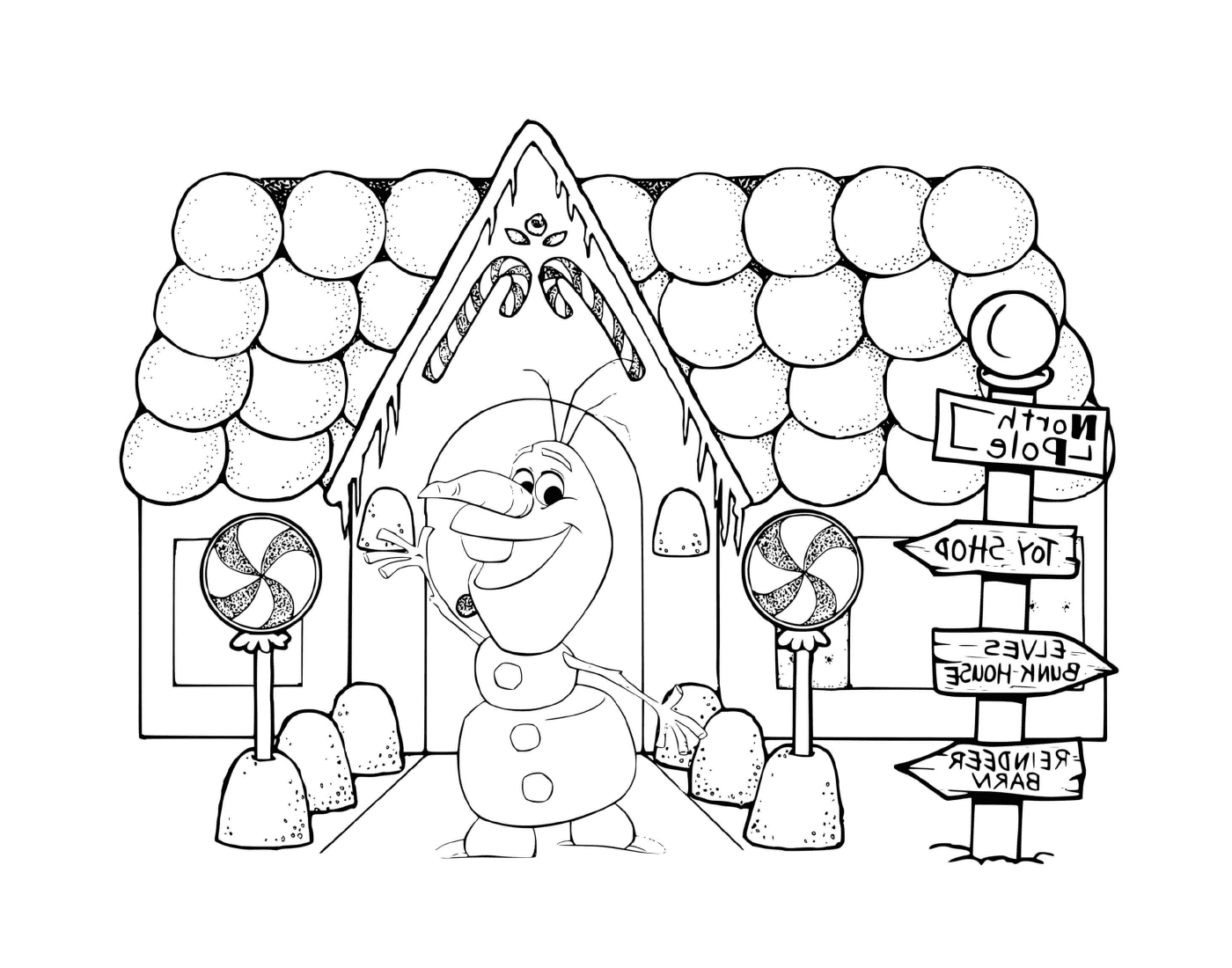  Olaf de La Reine des Neiges frente a una casa de pan de jengibre 