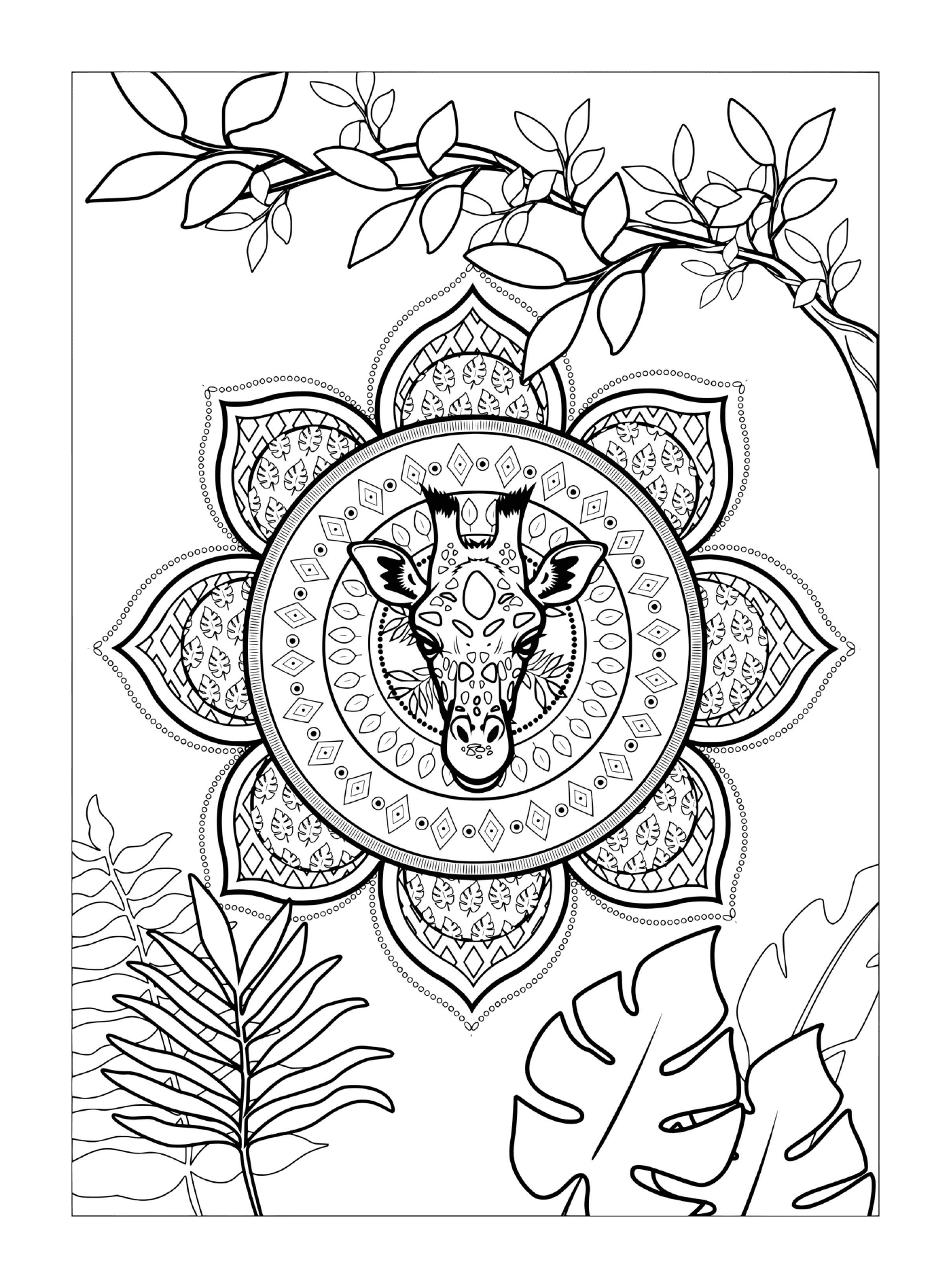  Una jirafa zen en un mandala de hojas 